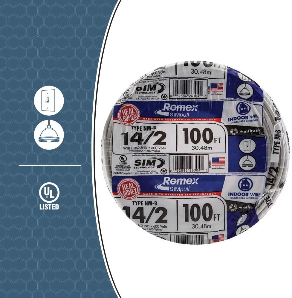 Southwire 28827423 100' 14/2 with ground Romex brand SIMpull residential indoor electrical wire type NM-B, White