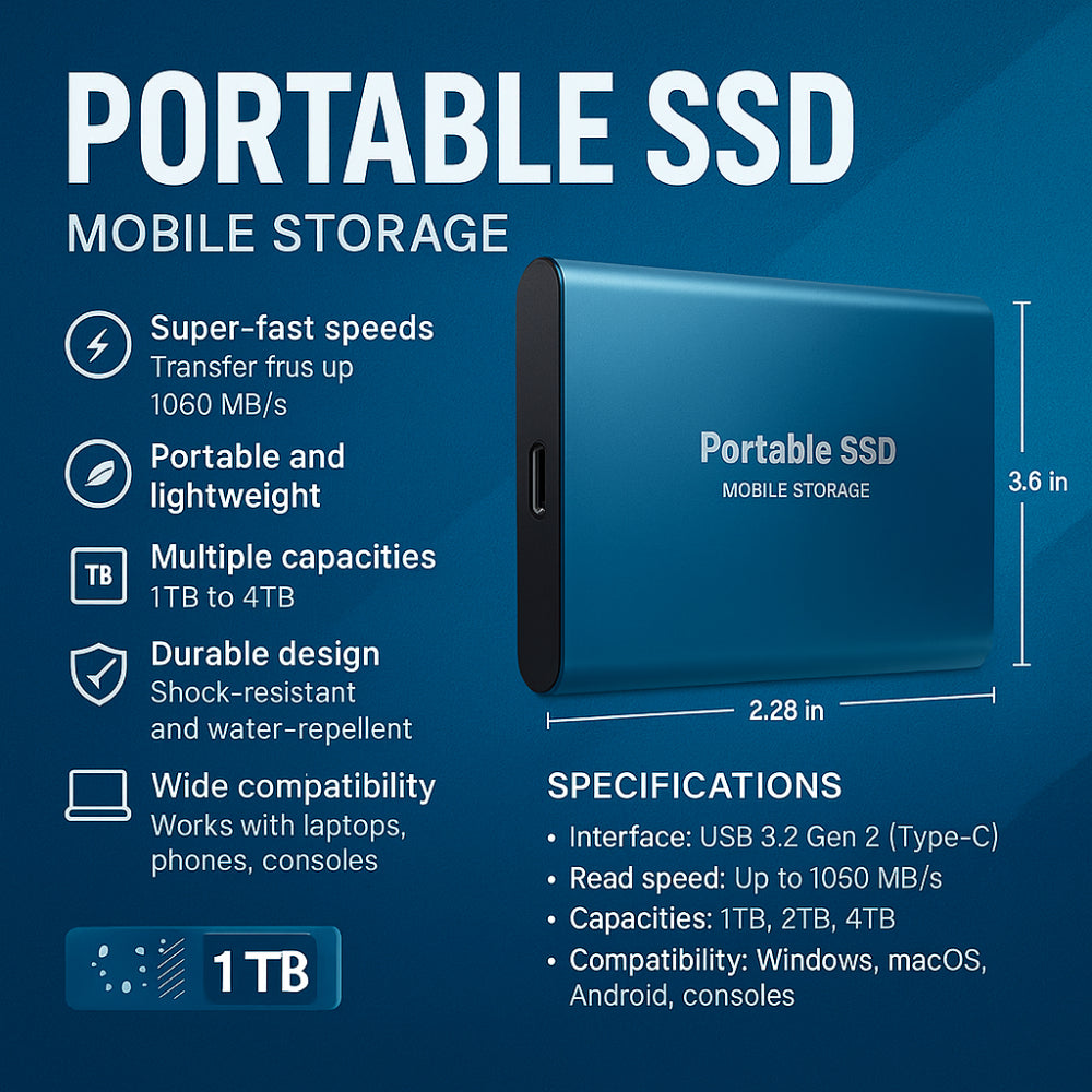 Draagbare SSD 1-16 TB met 1050 MB/s Snelheid - Schokbestendig en Waterafstotend Externe Opslag voor Laptop en Console