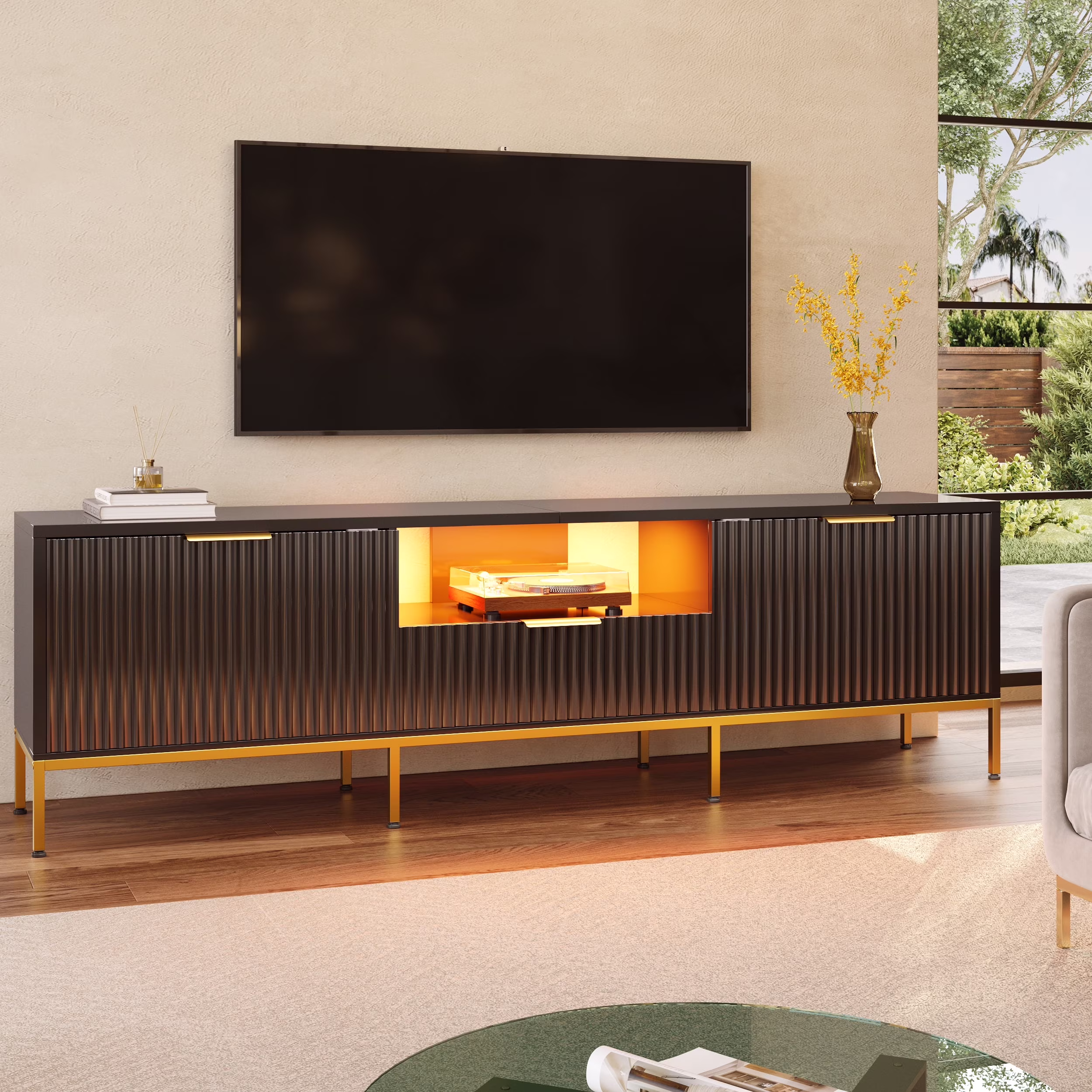 Bestier 55" LED TV Stand for TVs up to 60" Modern High Gloss Entertainment Center with Drawers Cabinets Fluted TV Console, White & Gold - Image 7
