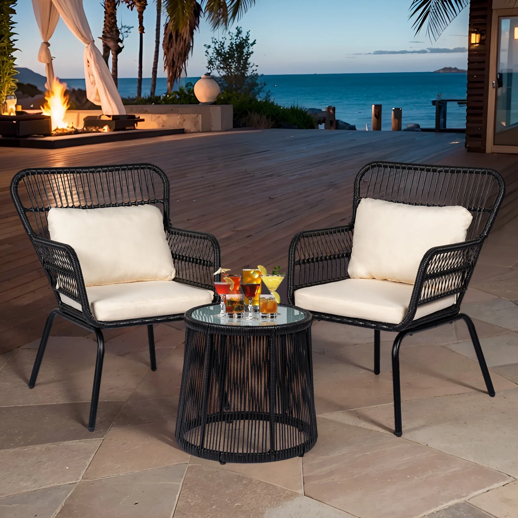 Tappio 3-Piece Patio Conversation Bistro Set Rattan Furniture, Outdoor Patio Set w/Glass Top Table & Cushions for Garden Balcony Backyard Poolside, Yellow/Beige - Image 26