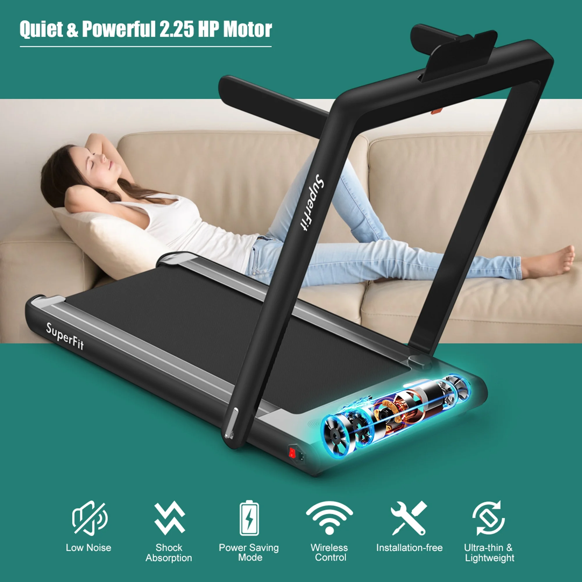 Gymax 2 in 1 Folding Treadmill 2.25HP Running Machine w/ Dual Display APP Control Black - Image 12