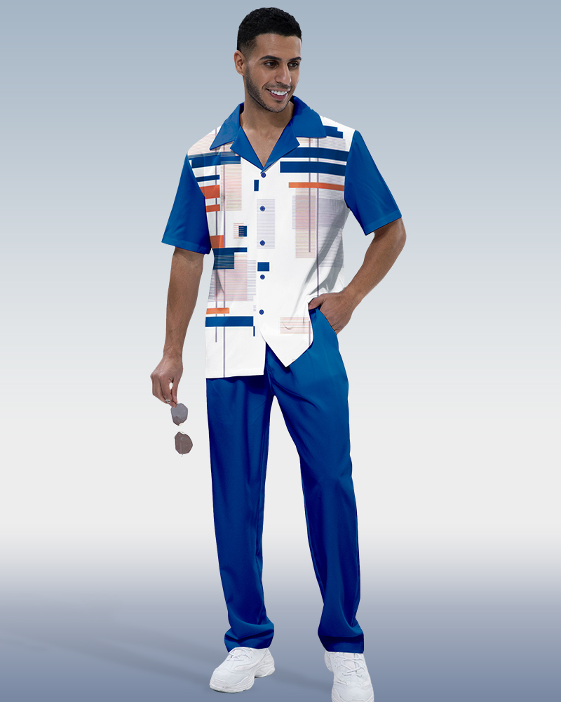 Suitmens Men's Blue Print Short Sleeve Walking Suit