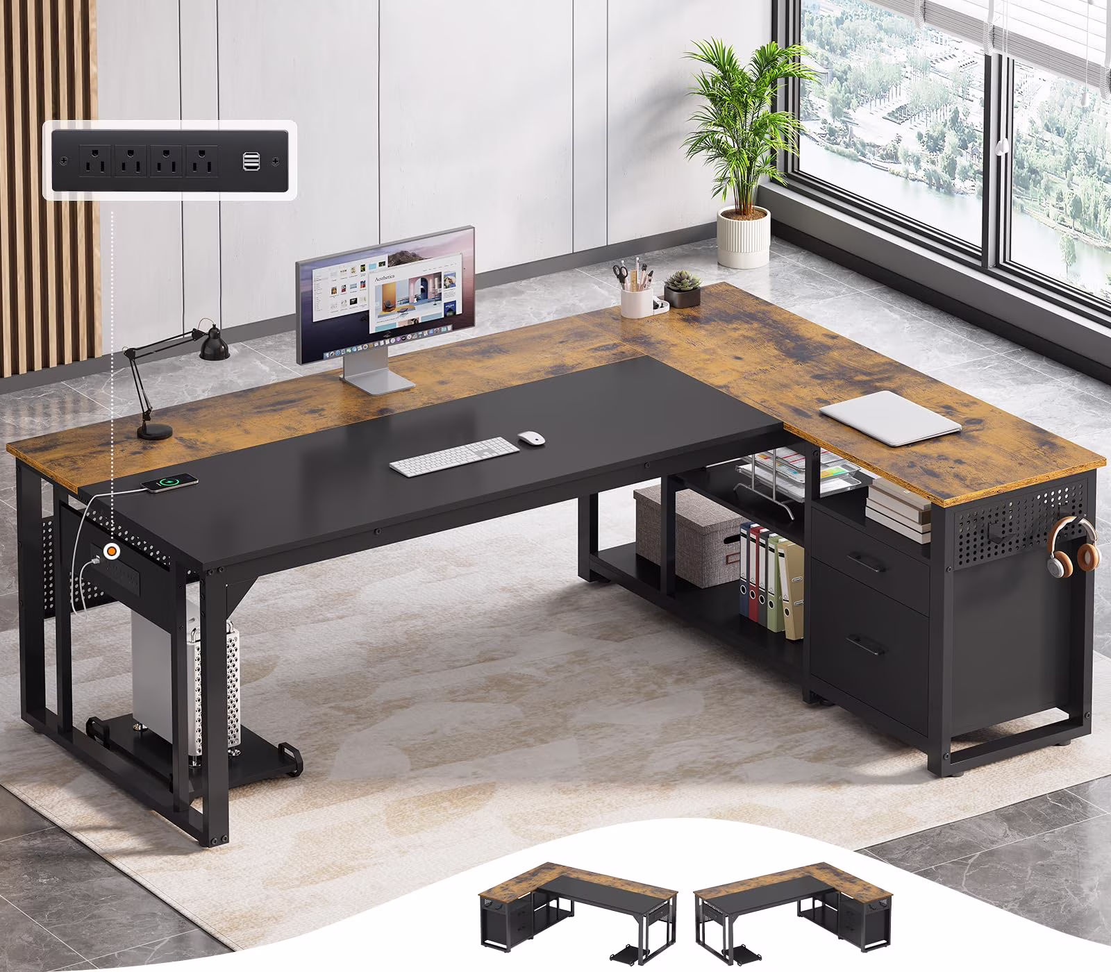 71" Executive Desk with Power Outlets, Modern L Shaped Office Desk with File Drawers and Pegboard, Large Computer Desk, Rustic Brown