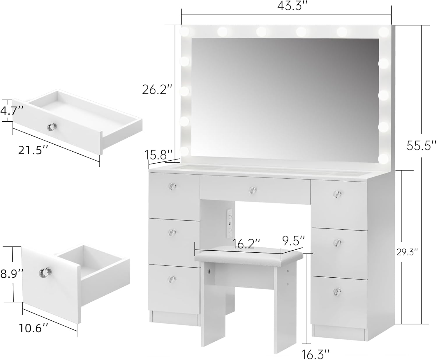 VOWNER Vanity with Lighted Mirror - Makeup Vanity Desk with Glass Top, 7 Drawers and Power Outlet, 3 Color Lighting Modes Adjustable Brightness, 44