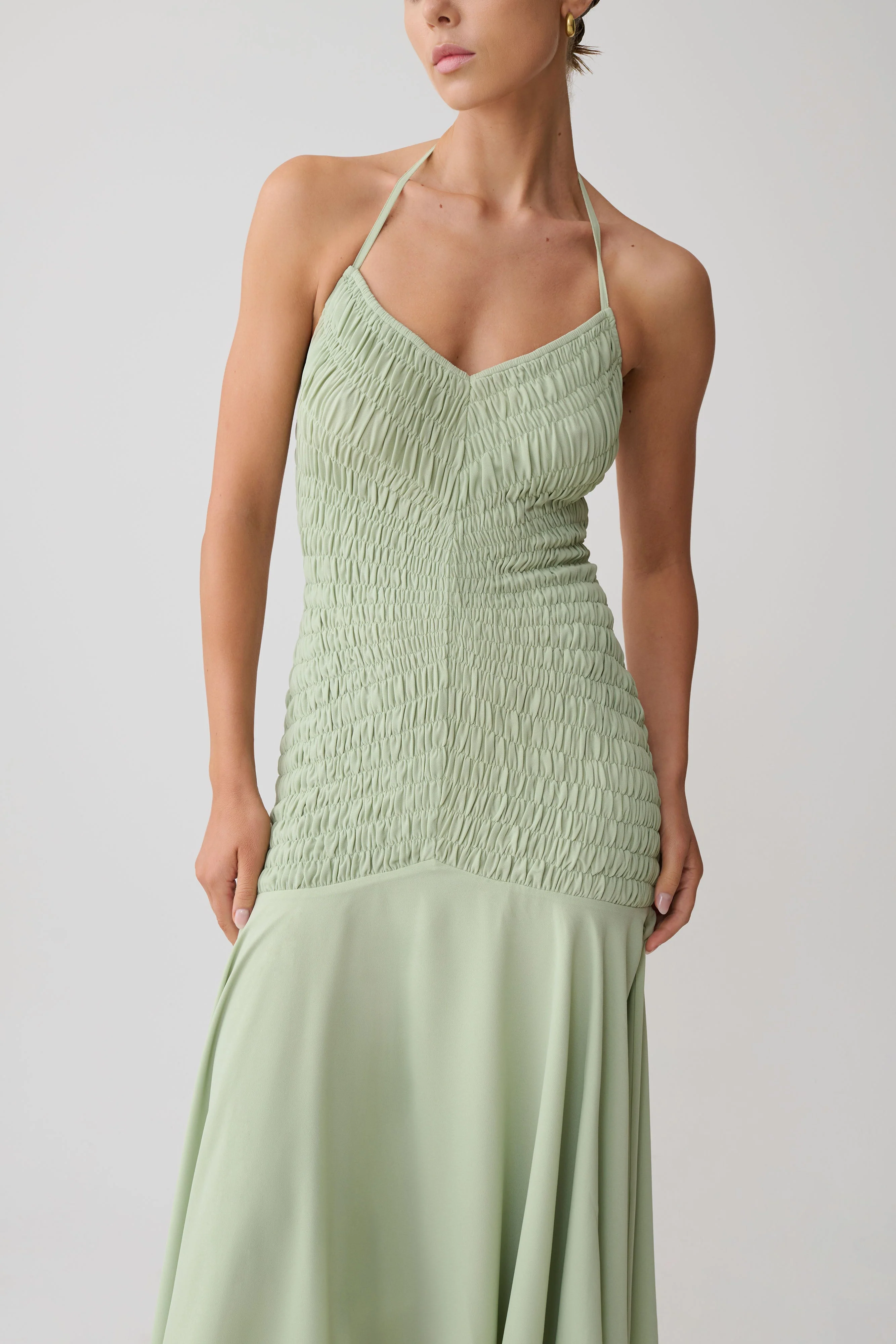 Evelyn Shirred Chiffon Maxi Dress - Sage