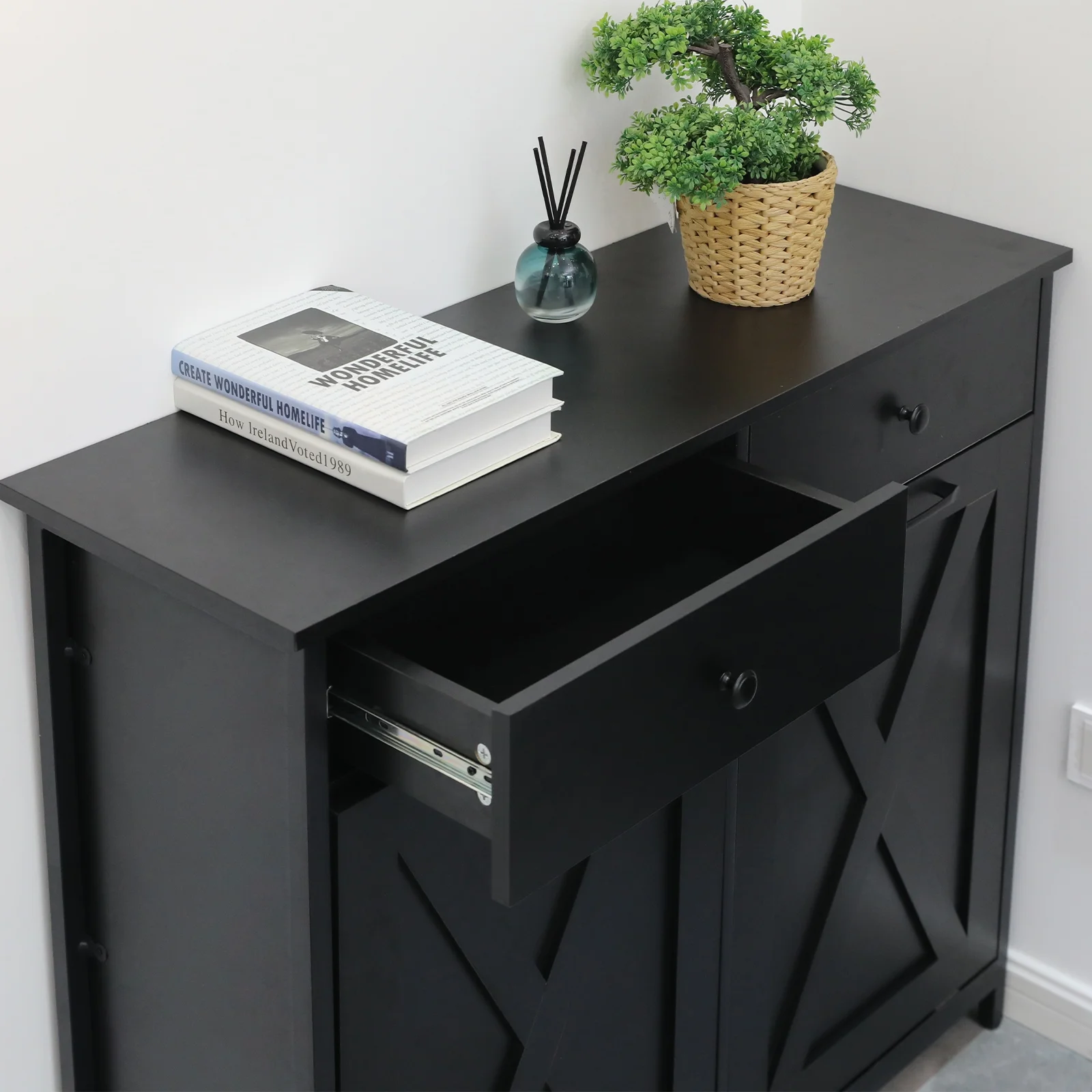 Pirecart 20 Gallon Double Tilt Out Trash Cabinet Wood Hidden Storage Cabinet, Recycling Cabinet with 2 Drawers, Black - Image 10