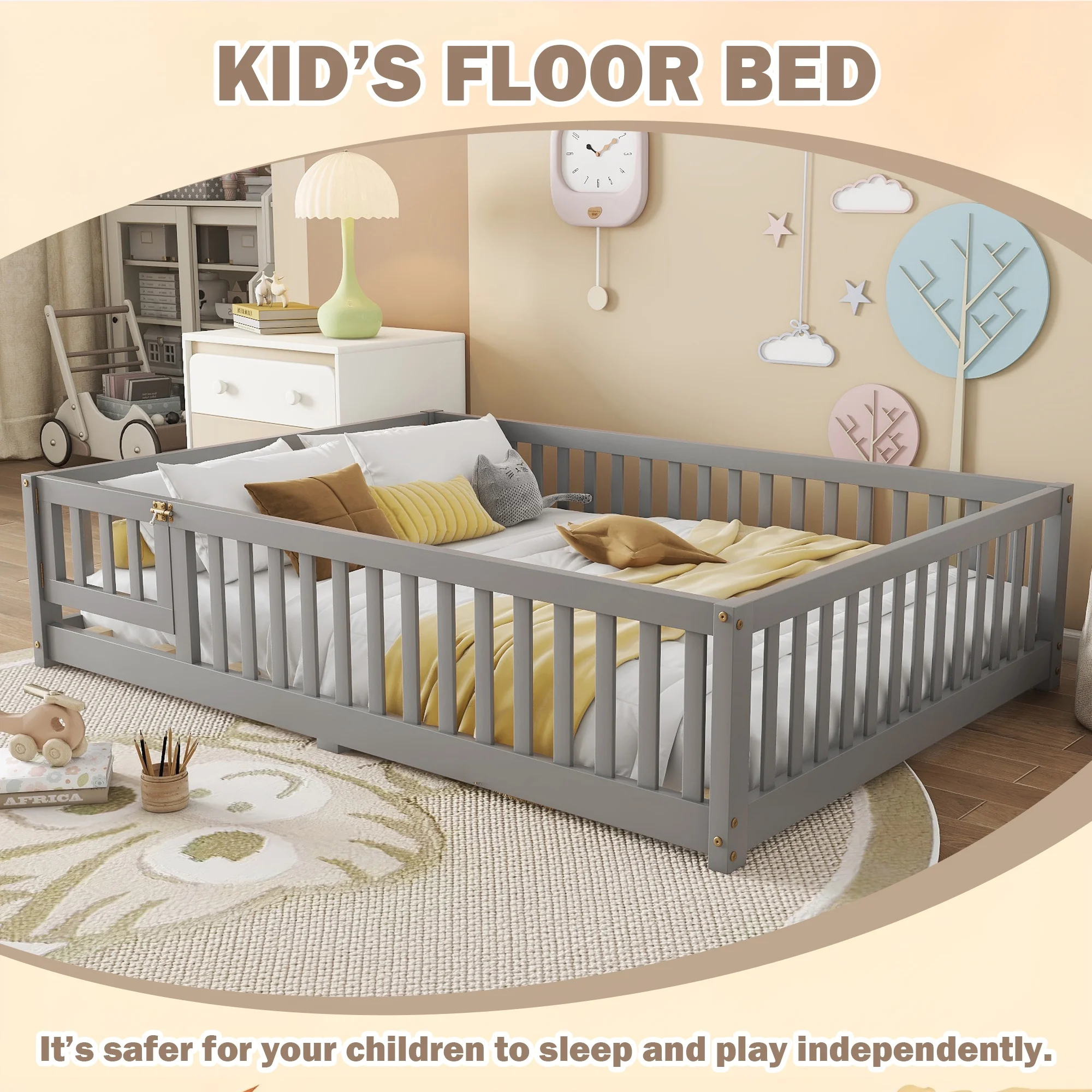 Bellemave Full Size Floor Bed with Door and Fence Floor Bed with Bed Slats Sturdy Wood Floor Bed Montessori Bed Frame (Full, Pink) - Image 21