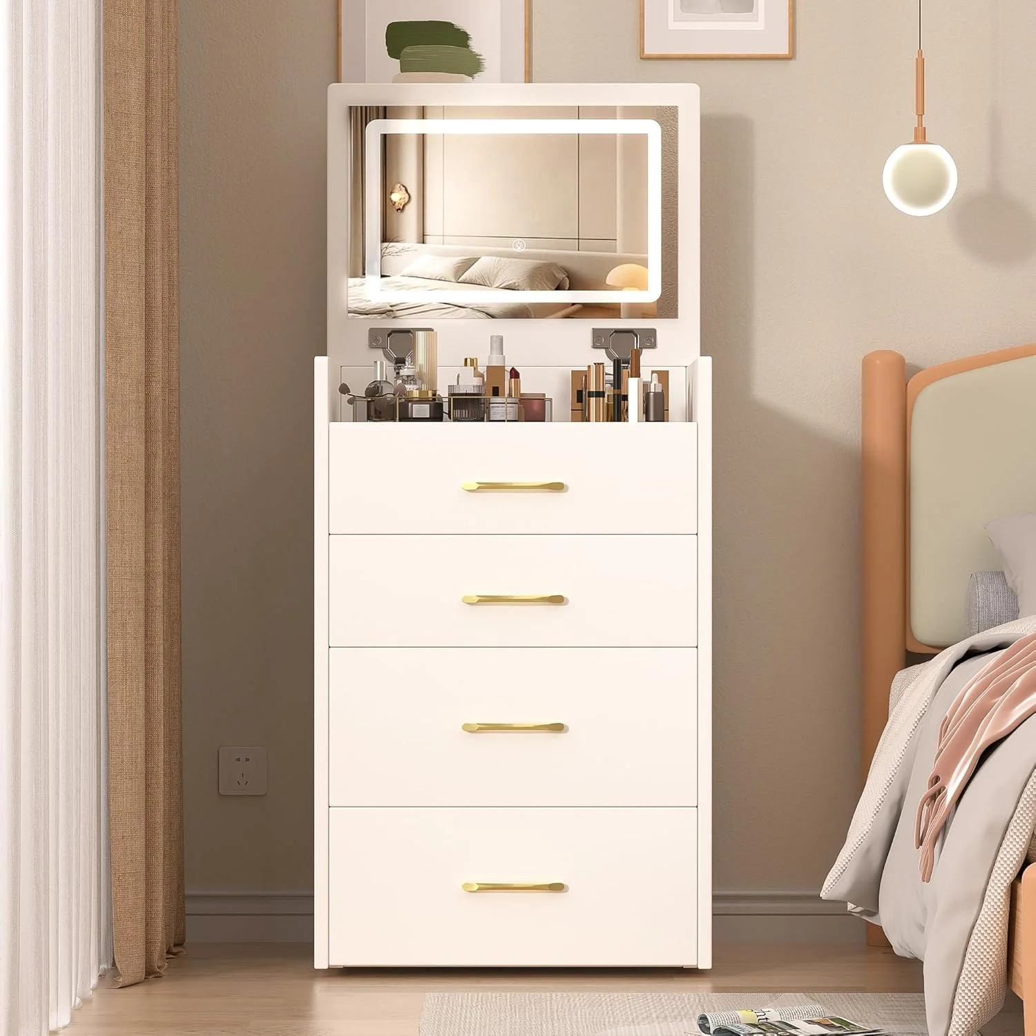 Montary Modern Mini Vanity w/Adjustable LED Mirror + Hidden Storage, Padded Stool & Dustproof Shelves (White) - Image 117