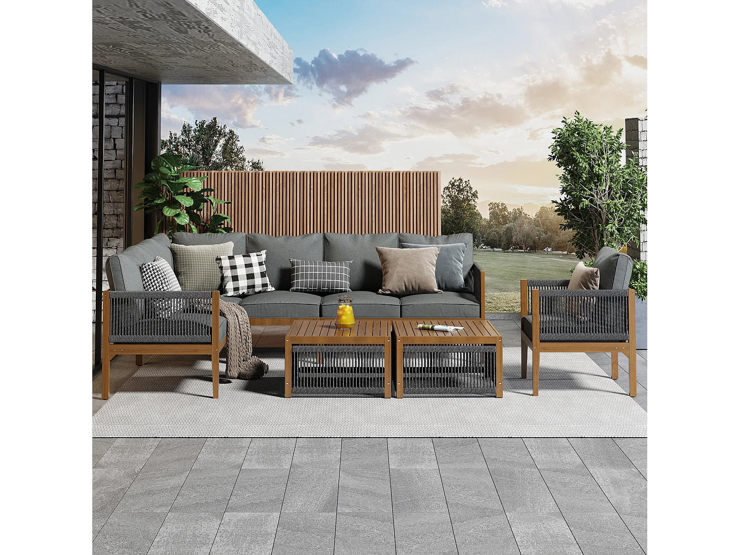 Salon de jardin pour 7-8 personnes, déhoussable et recouvert de tissu, naturel et gris