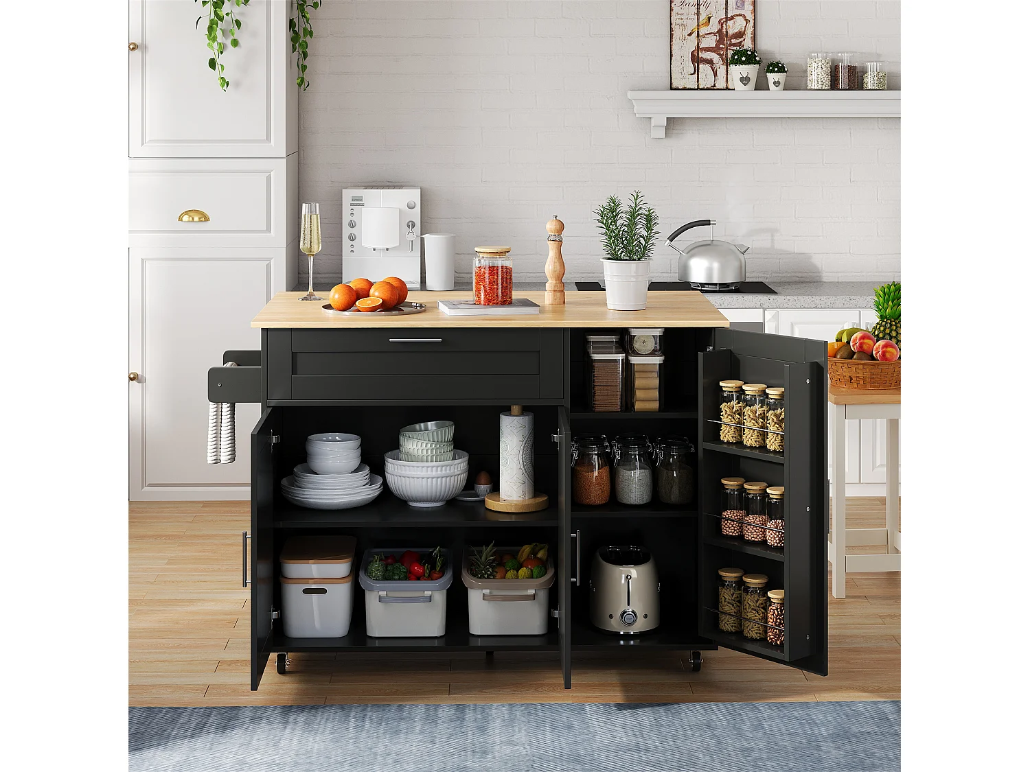 Îlot central noir, îlot central mobile avec plan de travail rabattable, 3 portes et 1 tiroir - pour cuisine et salles à manger