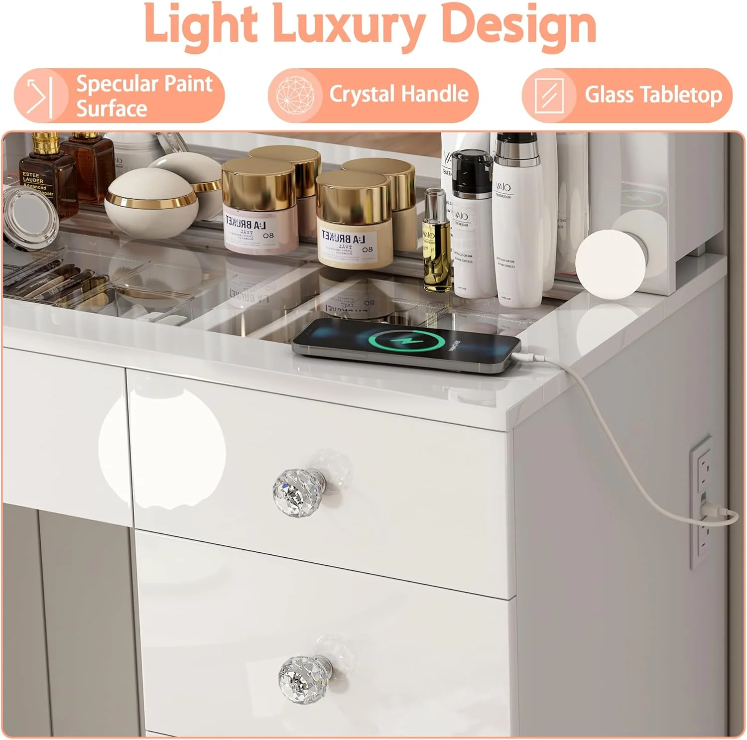 Vanity Desk with Power Outlet, Makeup Vanity with Mirror and 14 LED Light, 3 Lighting Modes,11 Drawer Vanity Table with Sliding Jewelry Storage, Glass Top, Specular Surface - Image 6