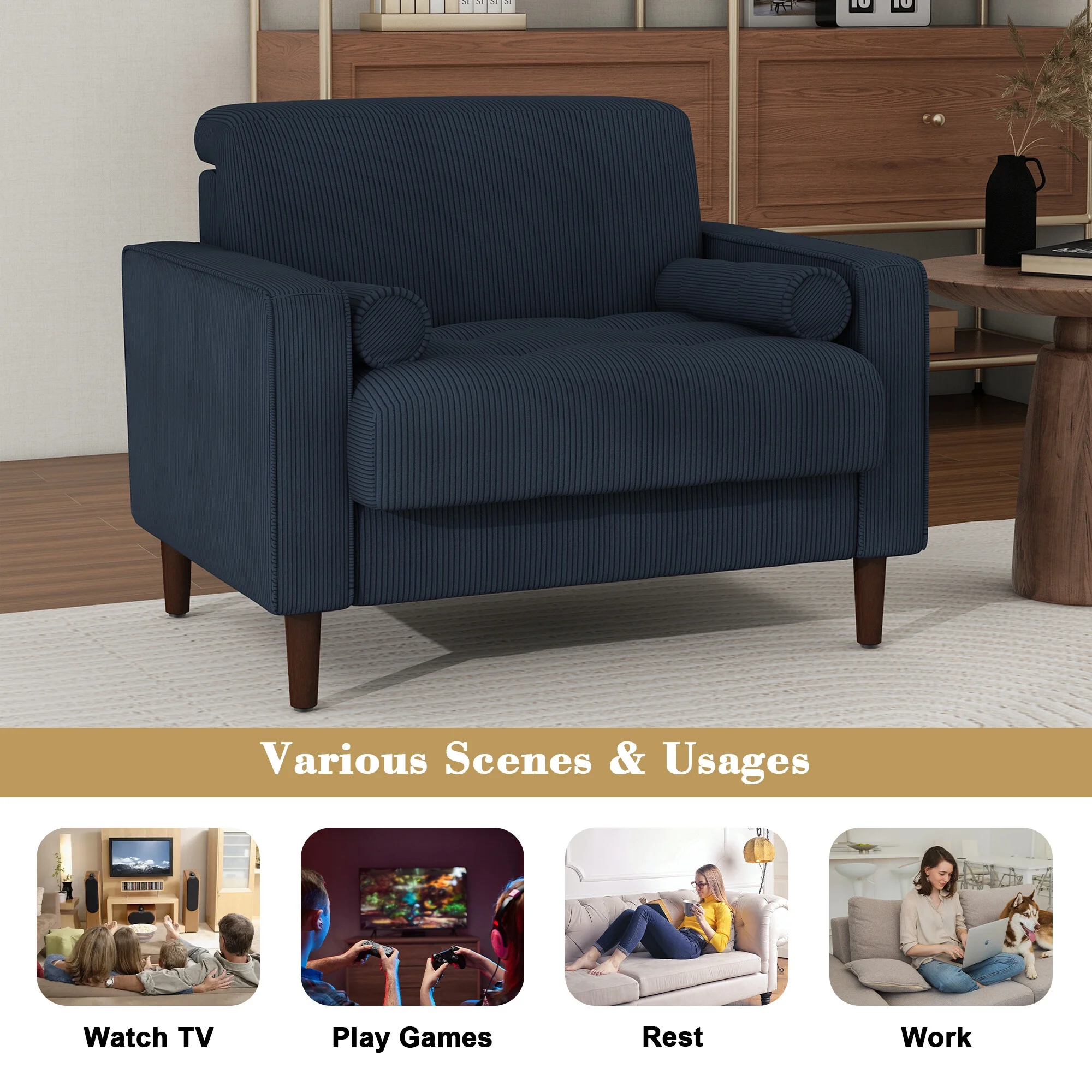UIXE Corduroy Accent Chair Modern Upholstered Arm Chairs Comfy Reading Armchair with Pillow Armrest Tufted Living Room Single Sofa Lounge Seat, Yellow - Image 26