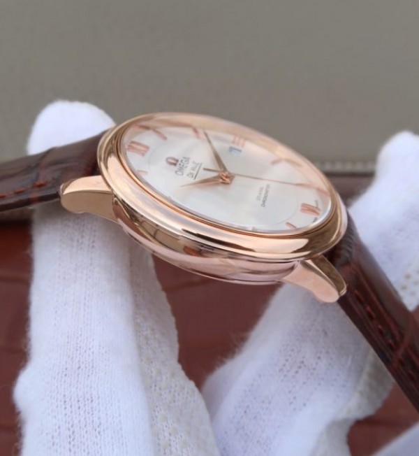 Replica Omega V6 De Ville 37mm RG White Dial RG Markers Leather Strap A2892 - Top club
