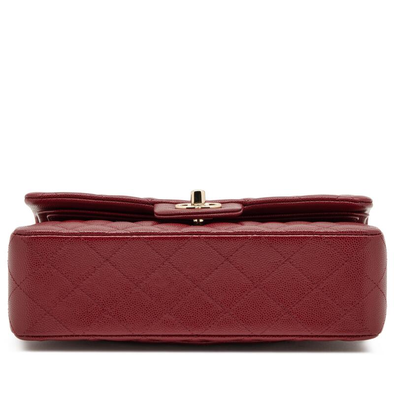 Classic Quilted Caviar Leather Double Flap Bag - Burgundy with Gold Hardware - COZYMIZE