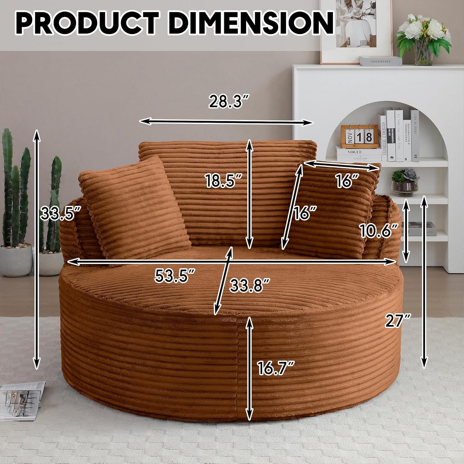Oversized Round Chair Lounge Chaise Indoor, 53.5