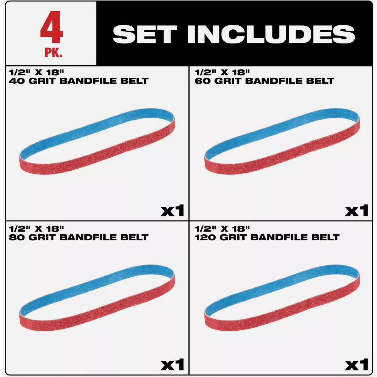 Milwaukee 1/2 In. x 18 In. 40/60/80/120 Grit Bandfile Variety Pack (4-Pack)