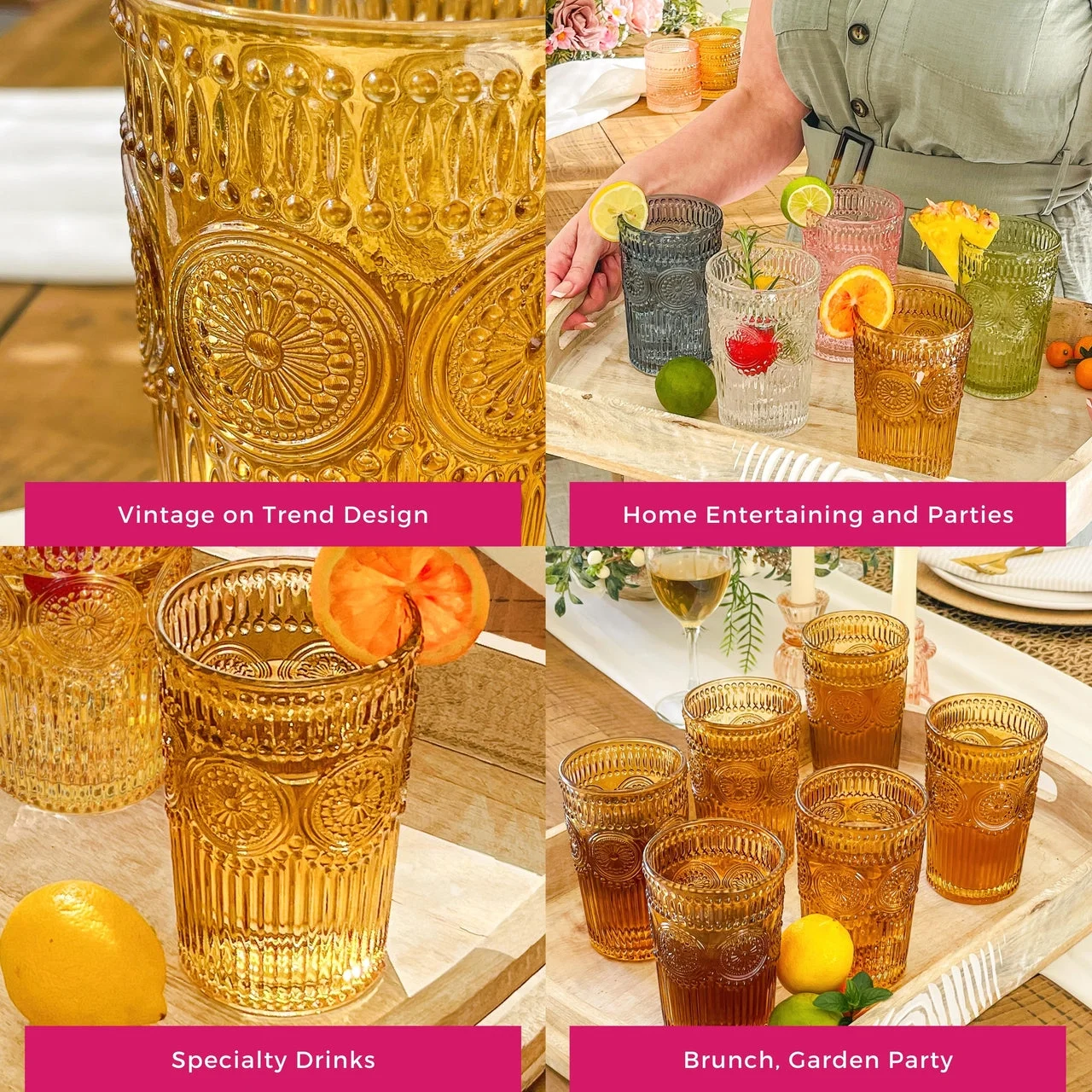 Vintage Textured Amber Striped Drinking Glasses Set of 24, (13 oz) Ribbed Glassware with Flower Design | Cocktail Set, Juice Glass, Water Tumbler