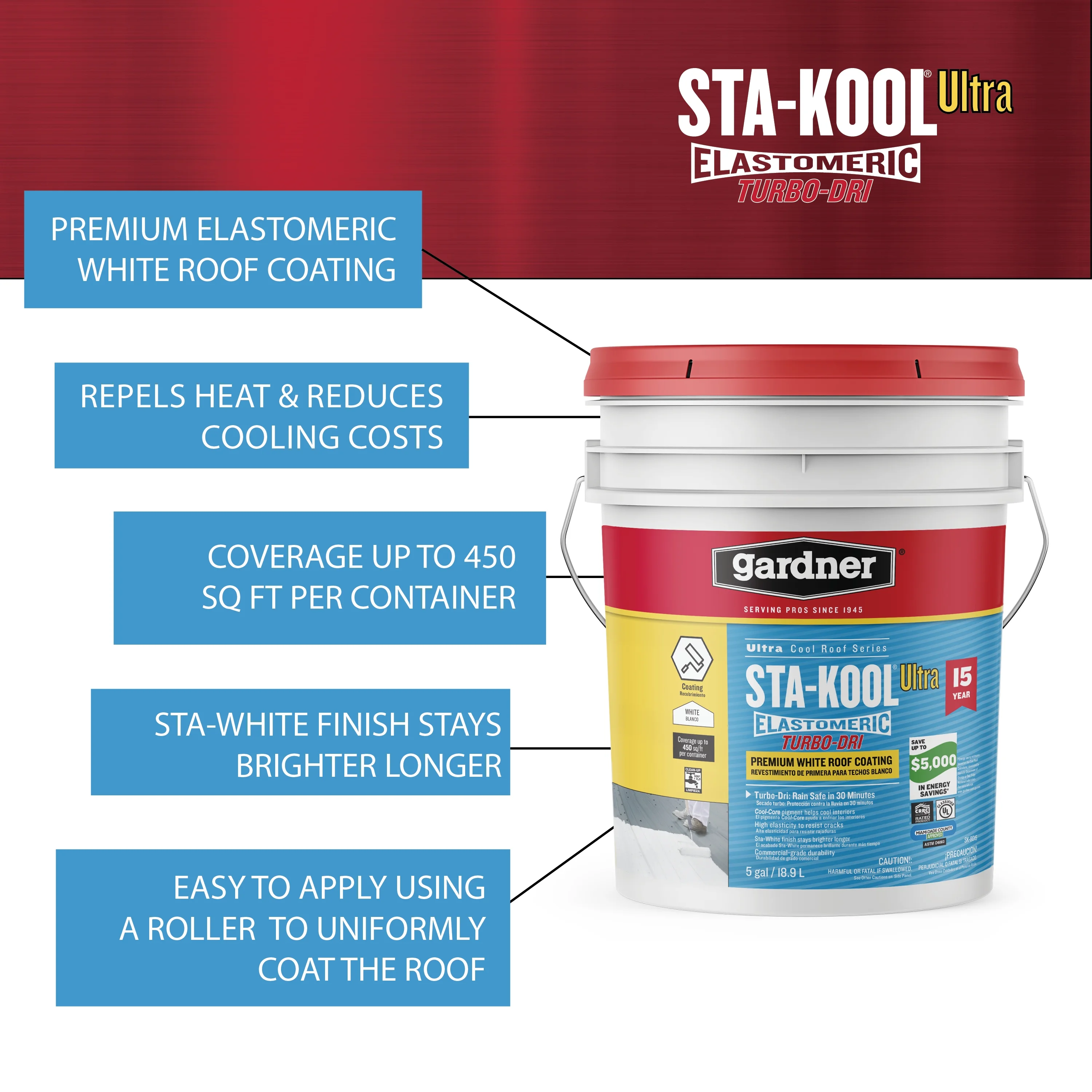 GARDNER STA-KOOL 15 YR Turbo-Dri Elastomeric Roof Coating - White, White, 5 Gallon