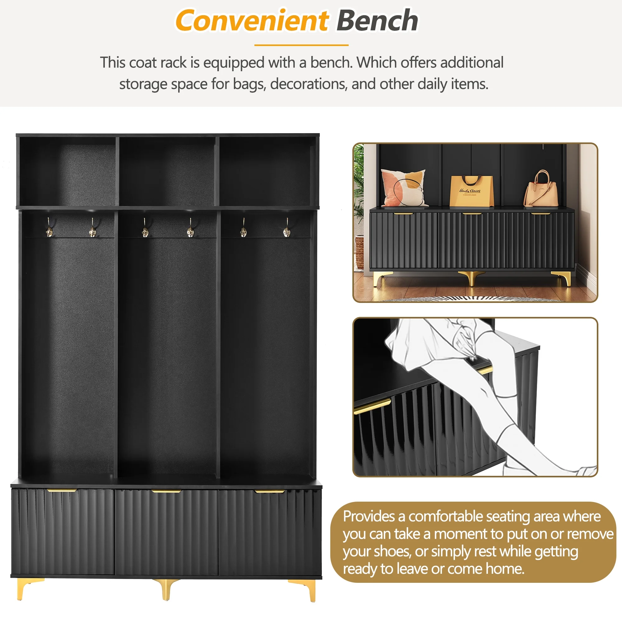Euroco Modern Hall Tree with High Gloss Fluted Doors, Gold Accents, Shoe Storage & Bench a?? Entryway Organizer with Cubbies and Coat Hooks - Image 5