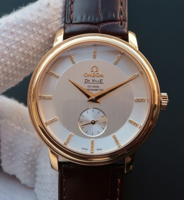 Replica Omega MKF De Ville 39mm RG Co-Axial White Dial Diamonds Markers Leather A2202 - Elite Watch Atelier