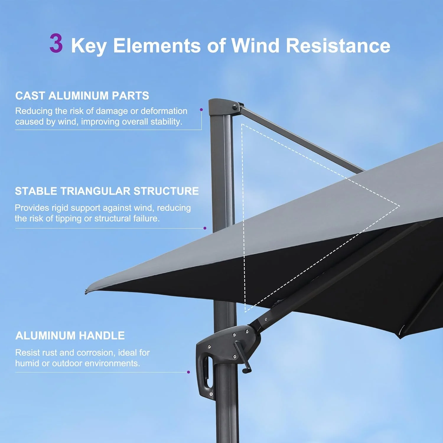 PURPLE LEAF Cantilever Patio Umbrella, 10FT Square, Grey - 360 Degree Rotation - Image 9 PURPLE LEAF Cantilever Patio Umbrella, 10FT Square, Grey - 360 Degree Rotation - Image 9
