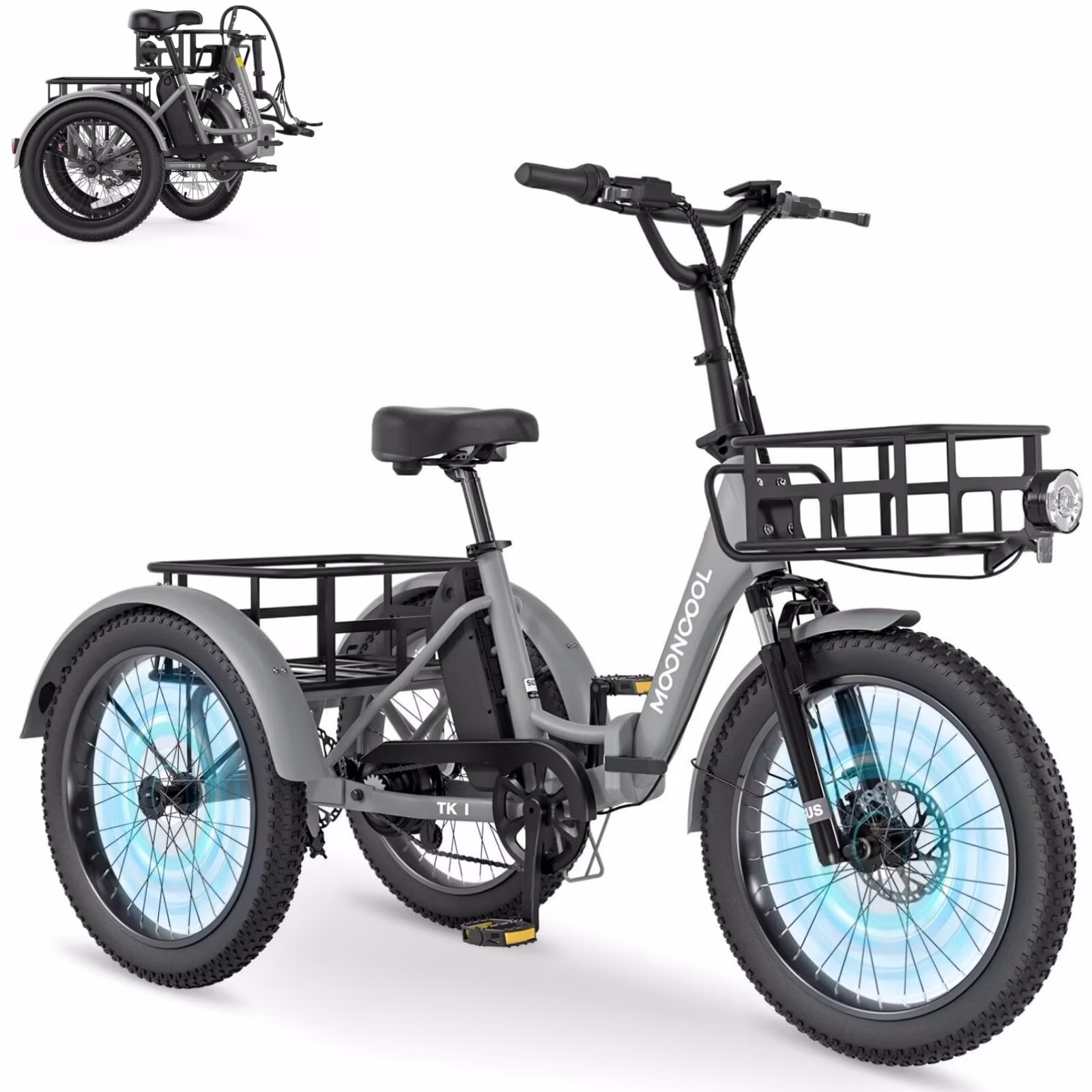 MOONCOOL TK1 Folding Electric Tricycle for Adults,48V 14.5Ah Removable battery, 500W(Peak 1000w)Motor, 20" Fat Tire Step-Thru 3Wheel Electric Bicycle w/Front&Rear Baskets, Certified to UL 2849 by SGS - Image 9