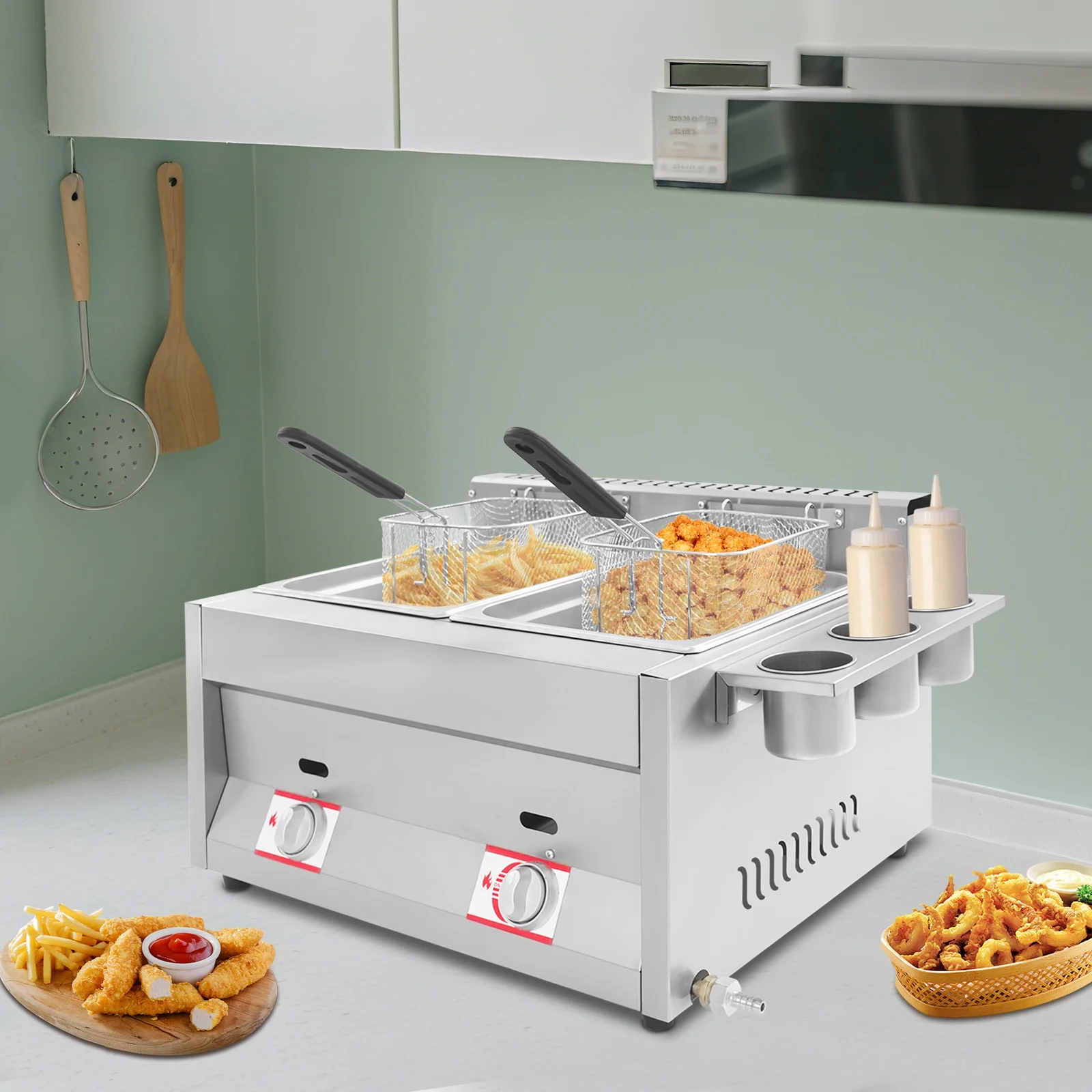 12L 3.17Gal Dual Tank Gas Fryer 430SS Commercial Deep Fryer