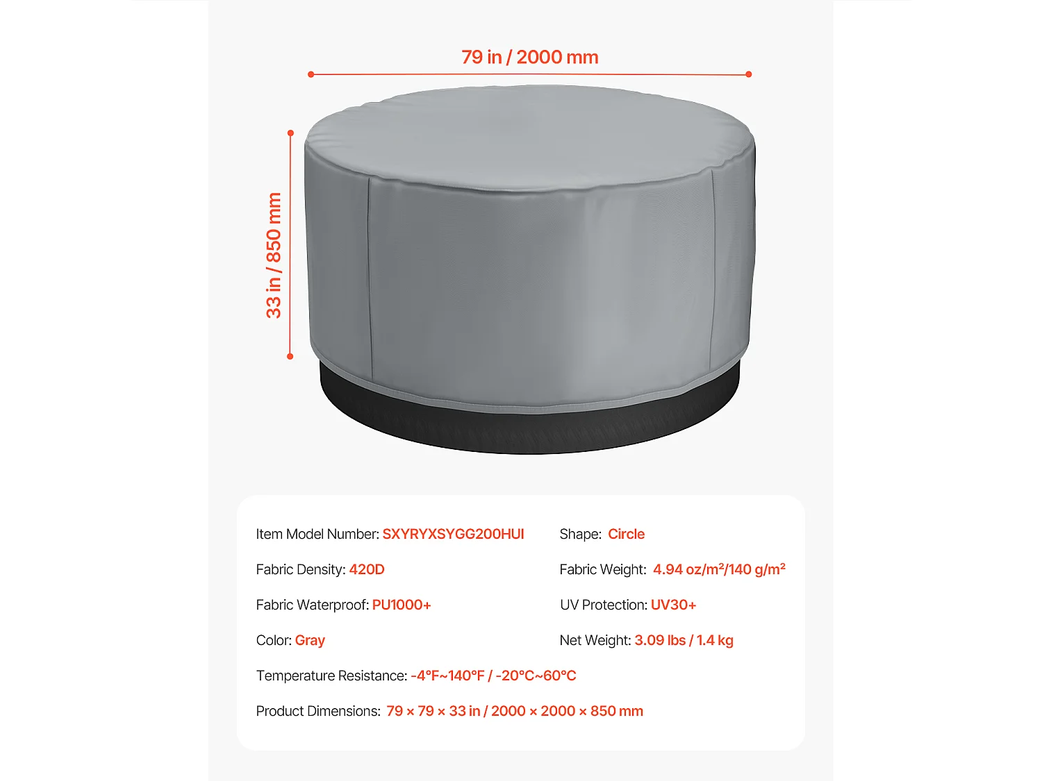 Couverture Ronde SucceBuy pour Spa, φ200 x 85 cm, Résistante aux Intempéries et à l'Eau, Tissu Oxford 420D Ultra-Résistant et Résistance à la Déchirure 950N, Gris