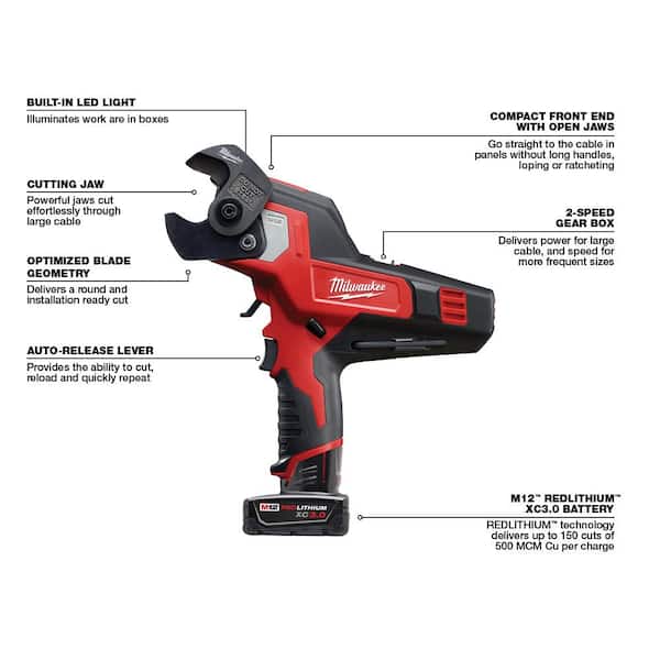 M12 12V Lithium-Ion Cordless 600 MCM Cable Cutter Kit with One 3.0Ah Battery, Charger and Hard Case - Image 5