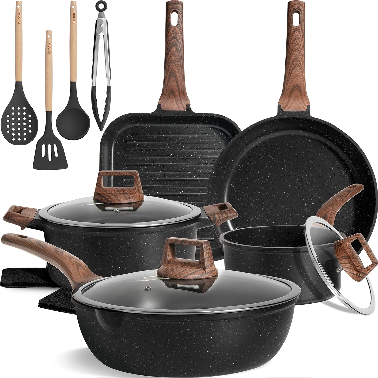 Kikcoin 16Pcs Ceramic Pots and Pans Set Non Stick, Includes a 9.5