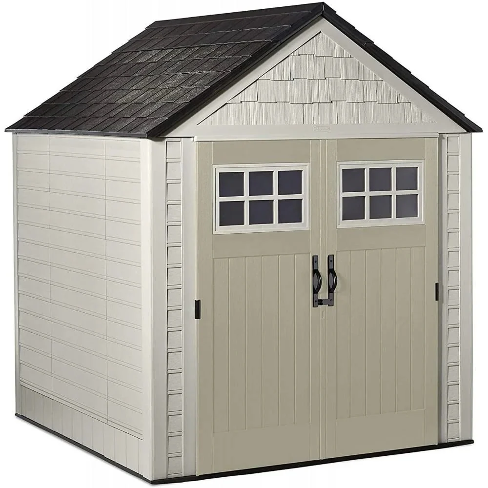 Rubbermaid Resin Outdoor Garden Storage Shed With Windows And Utility Hooks, Sand - 7x7 Ft - Image 2 Rubbermaid Resin Outdoor Garden Storage Shed With Windows And Utility Hooks, Sand - 7x7 Ft - Image 2