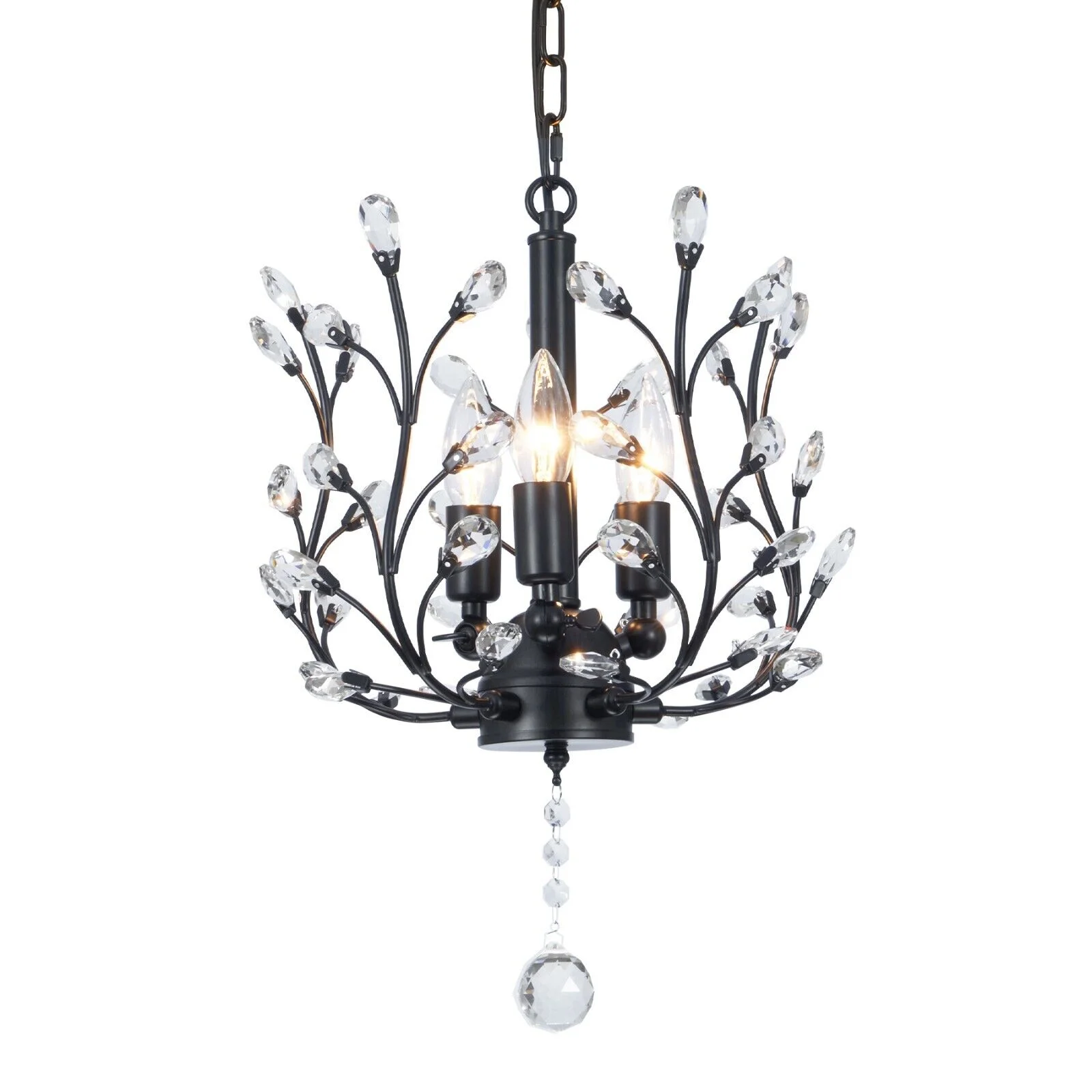 FINE MAKER 18-inch branch flower-shaped crystal chandelier, 3-head living room chandelier, bedroom study lighting fixture (black)