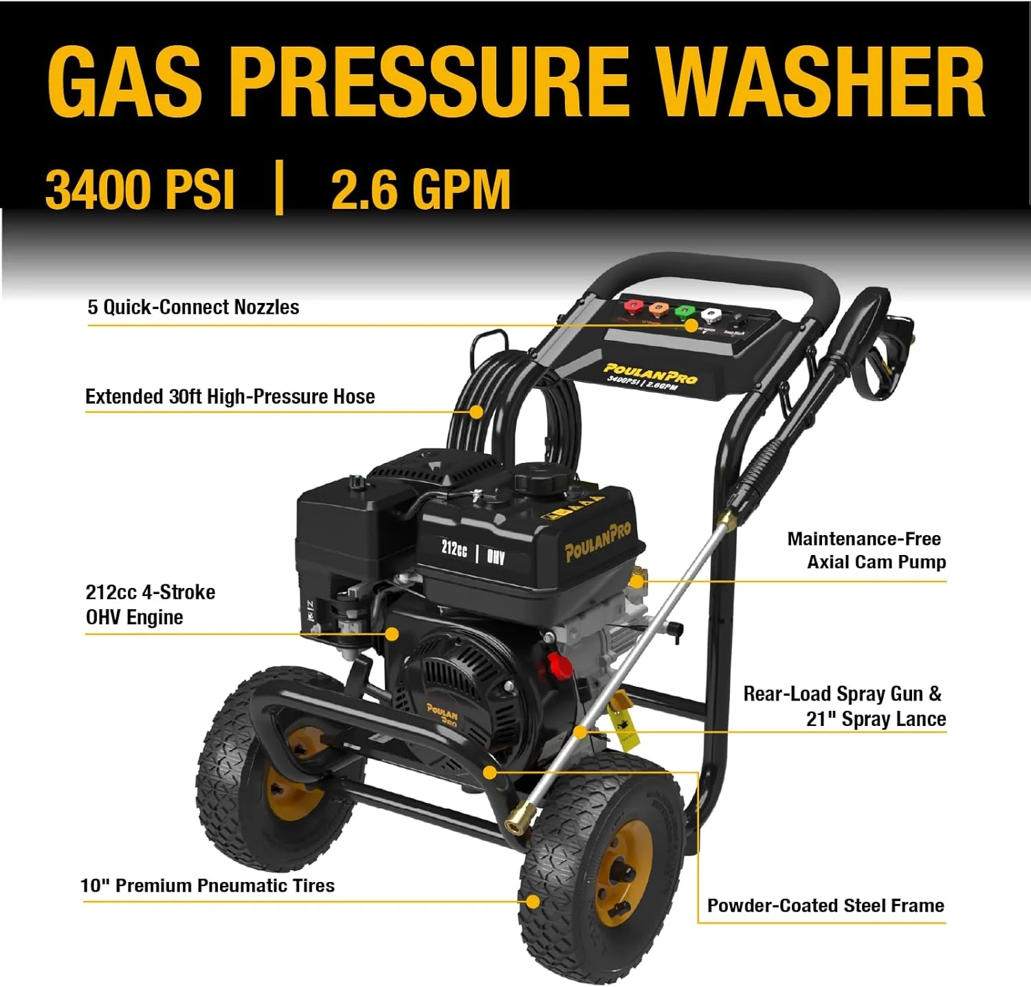 Poulan Pro Gas Pressure Washer 3400 PSI 2.6 GPM 212cc 4-Cycle With 30ft Hose, 21 Inch Lance, 5 Nozzles - Image 2 Poulan Pro Gas Pressure Washer 3400 PSI 2.6 GPM 212cc 4-Cycle With 30ft Hose, 21 Inch Lance, 5 Nozzles - Image 2
