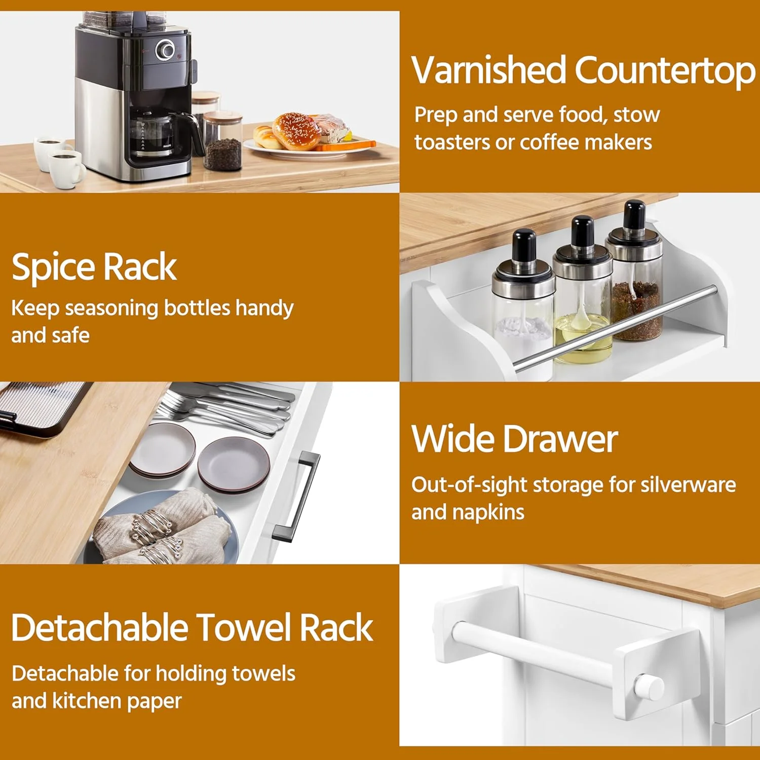 HXYHJ Kitchen Island on Wheels with Storage Cabinet, Rolling Kitchen Cart with Bamboo Top & Drawer & Spice Rack Towel Bar, Microwave Stand Cart for Kitchen/Dining Room, Black - Image 14