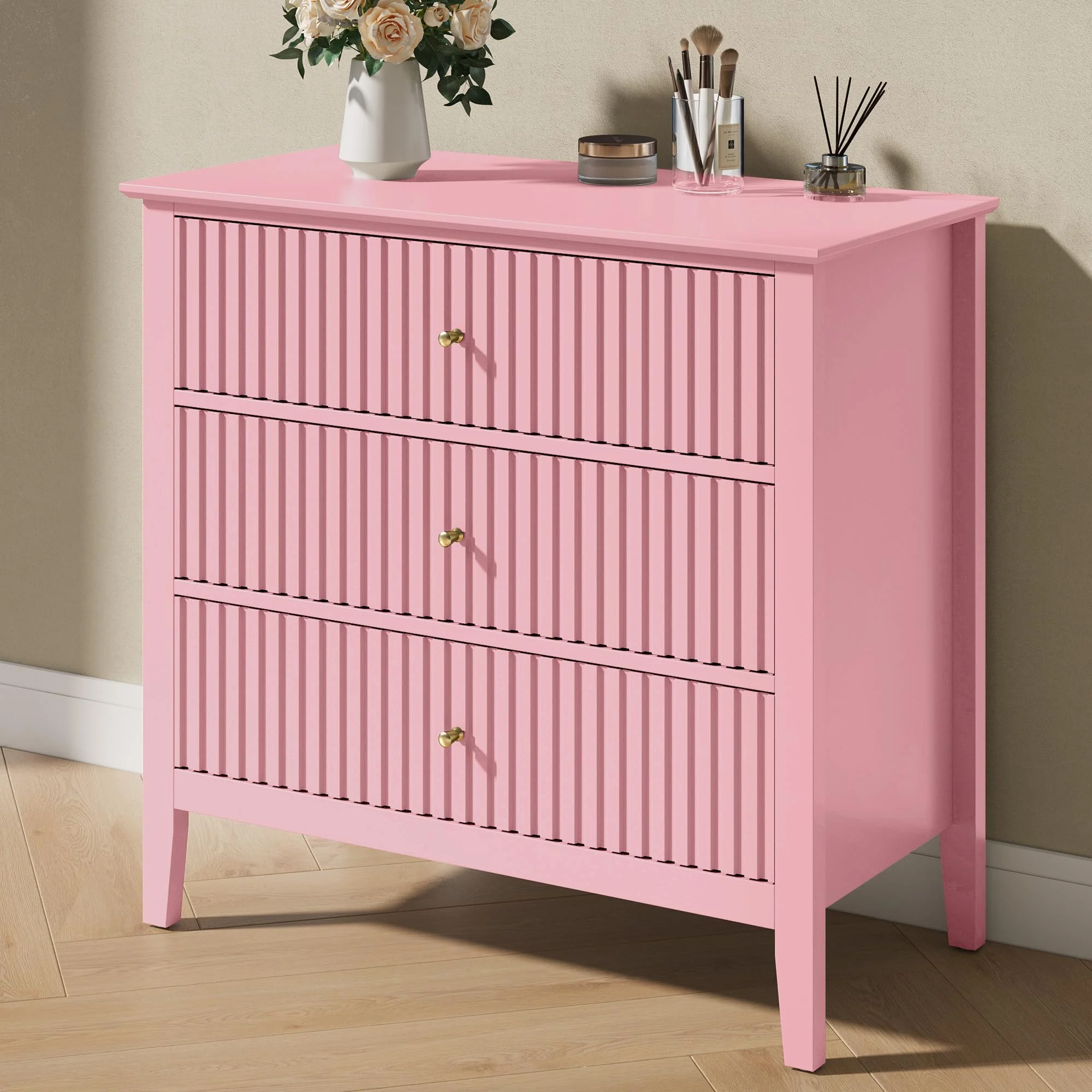 Heynemo Beige 6 Drawer Dresser, Fluted Modern Wood Chest - Image 63