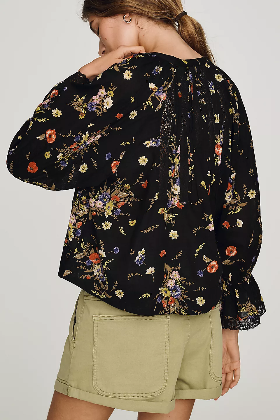 Trina Pintuck Long-Sleeve Swing Top - Black Floral