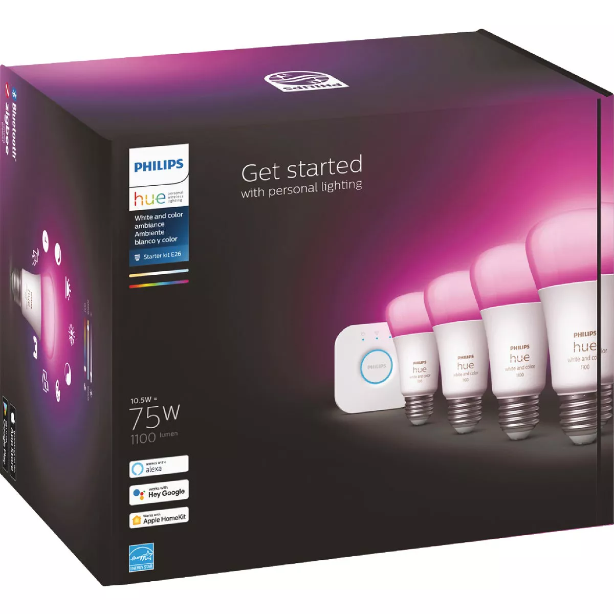 Philips Hue 4-Bulb 75W Equivalent Warm White & Color Ambiance A19 Medium Dimmable LED Light Bulb Starter Kit