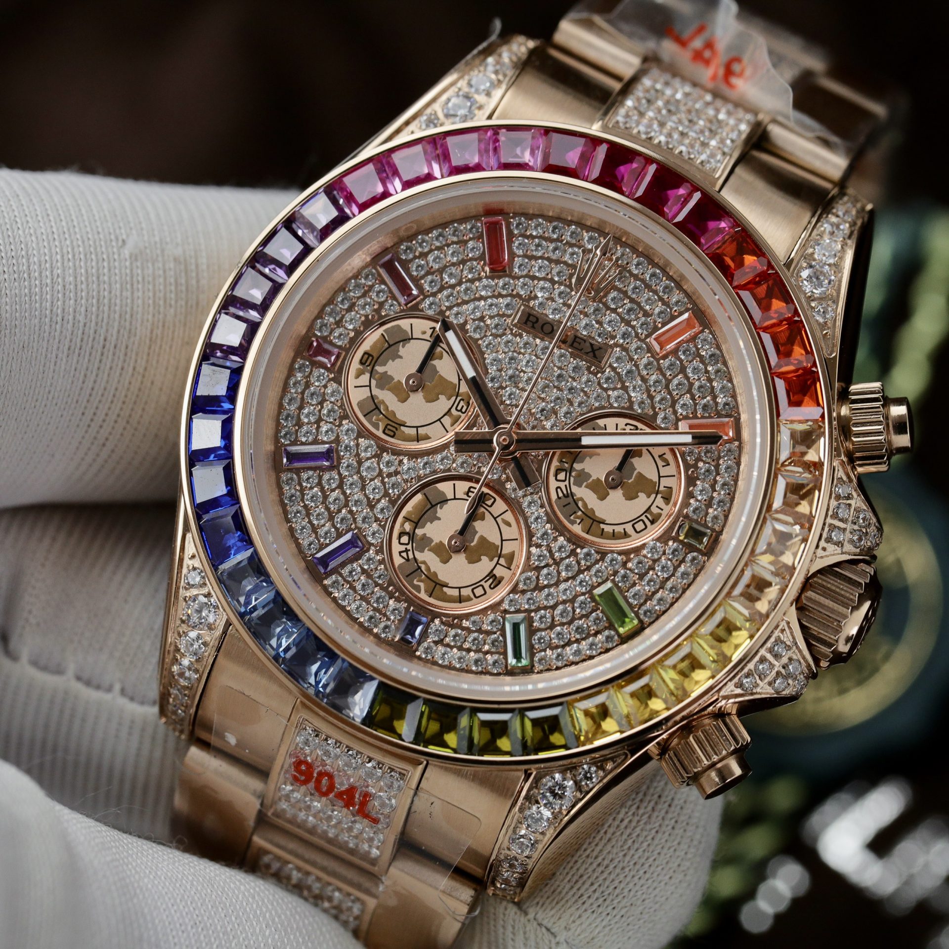 Rolex Replica 1:1 Watch Daytona Rainbow Full CZ Stone High Quality 40mm - Elite Watch Atelier