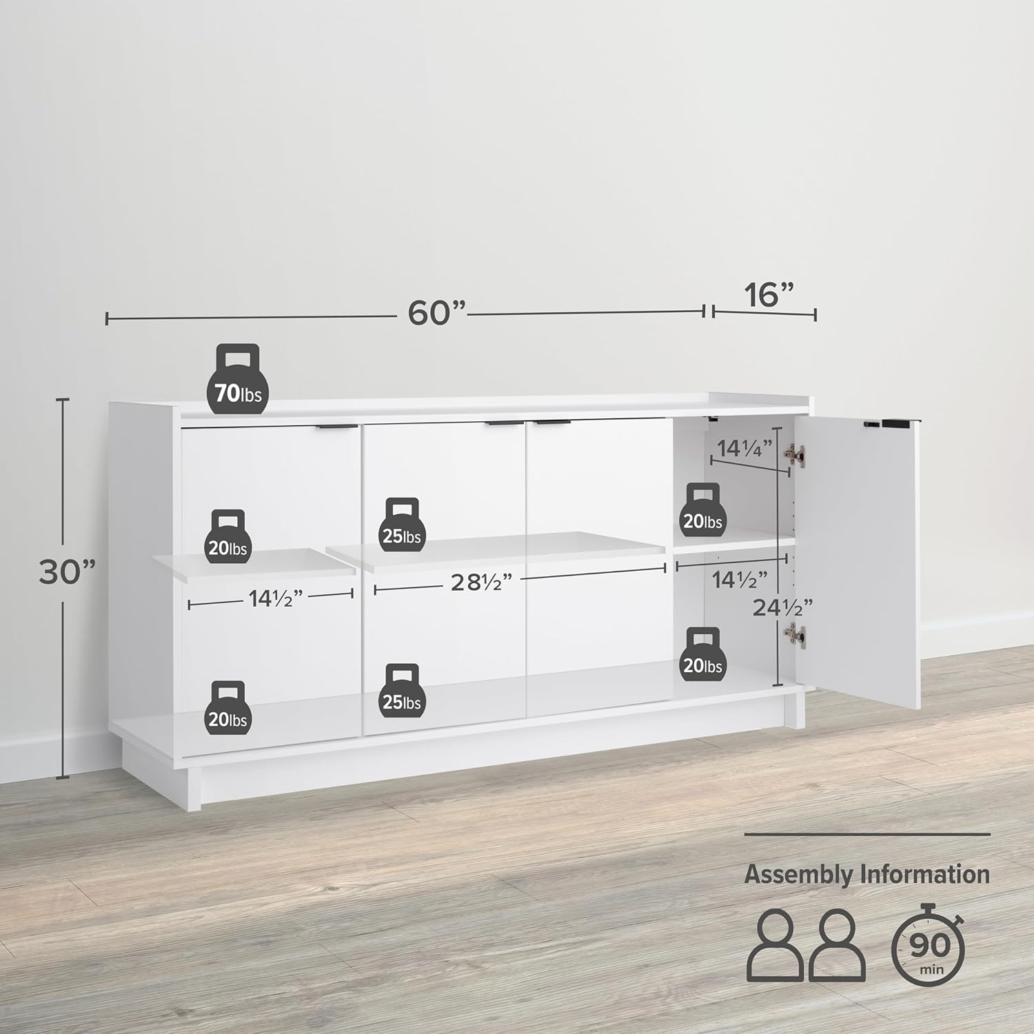 Prepac Simply Modern 4 Door Console Table with Storage, White Storage Cabinet with Doors and Shelves, Sideboard Storage Cabinet 60