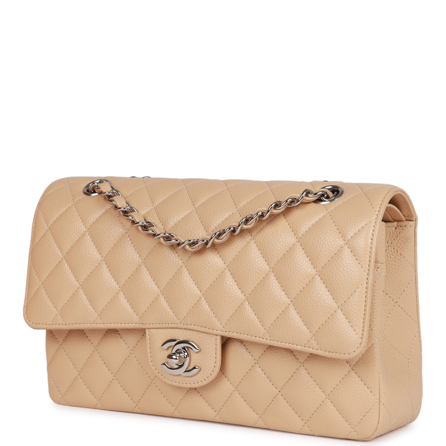 Chanel Classic Flag Bag Medium Classic Double Flap Bag Beige Caviar Silver Hardware1:1High-quality replica