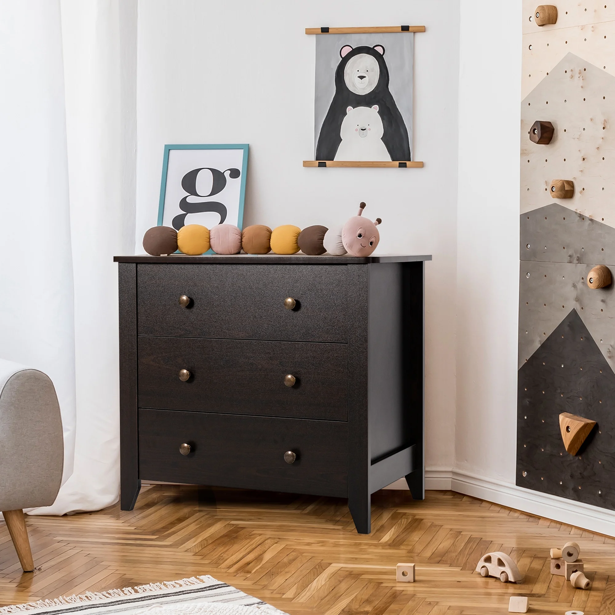 Gymax 3 Drawer Dresser Chest of Drawers Bedside Table for Living Room Bedroom Espresso
