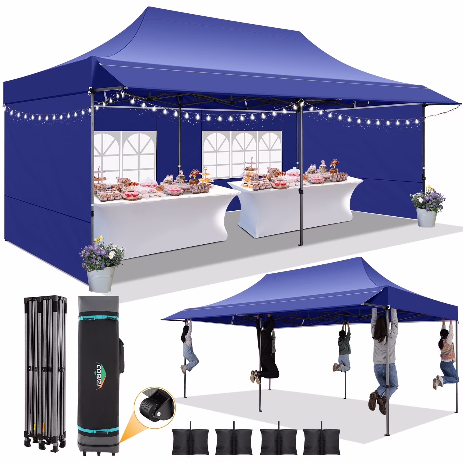 COBIZI 10x20 Pop Up Canopy Heavy Duty Party Tent with Removable Awning and Sidewalls,Easy Up Outdoor Wedding Canopy,Gazebo All Season Windproof&Waterproof with Roller Bag UPF 50+,Black - Image 12