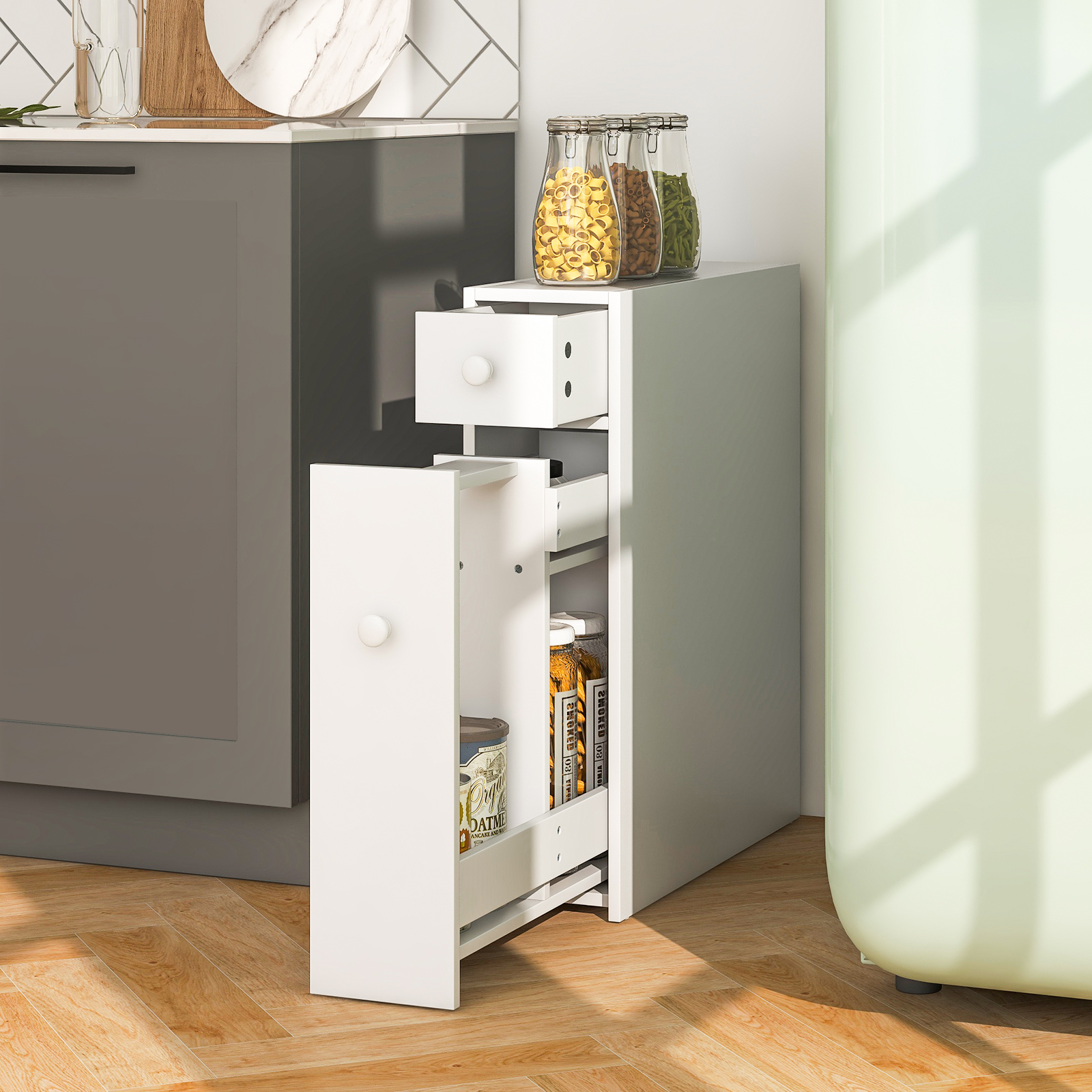 Topbuy Slim Bathroom Storage Cabinet Freestanding Toilet Paper Holder with Slide Out Drawers for Small Spaces White - Image 5