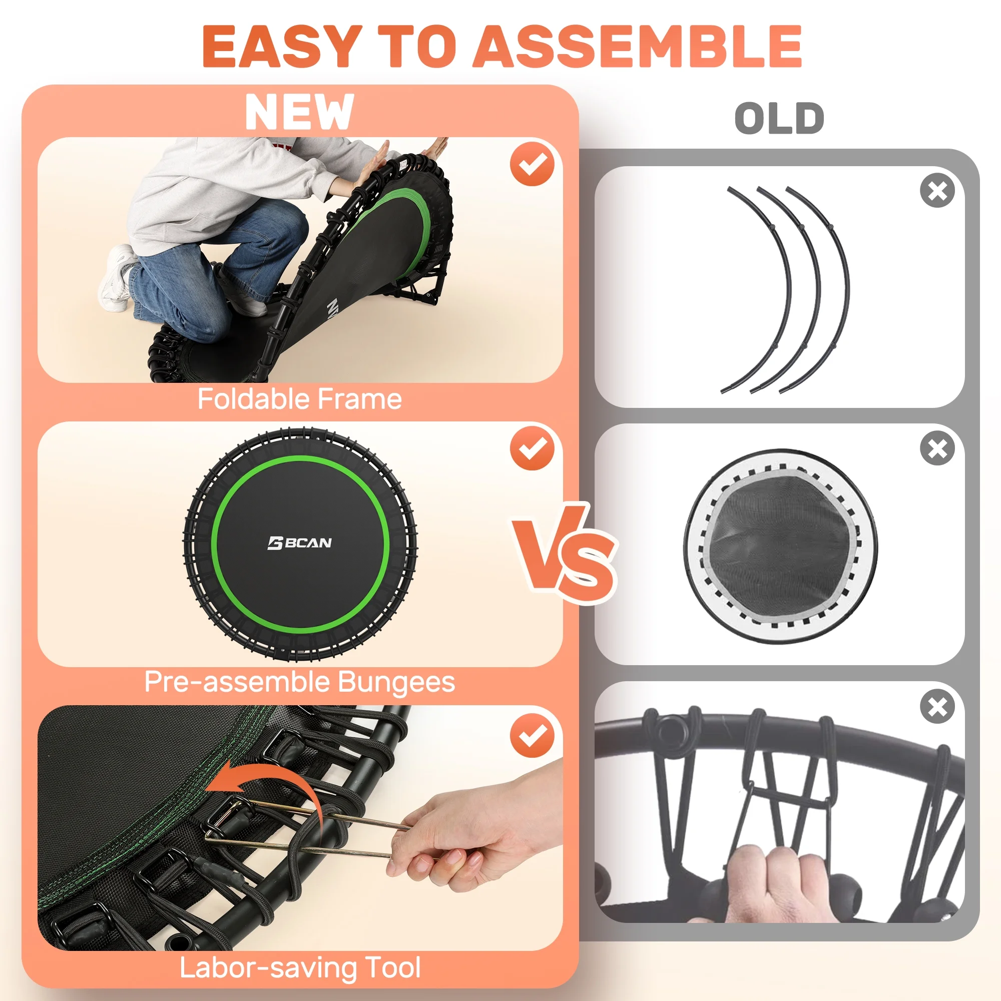 BCAN 450 LBS Foldable Mini Trampoline, 40" Fitness Trampoline with Bungees, Stable & Quiet Exercise Rebounder for Kids/Adults - Image 8
