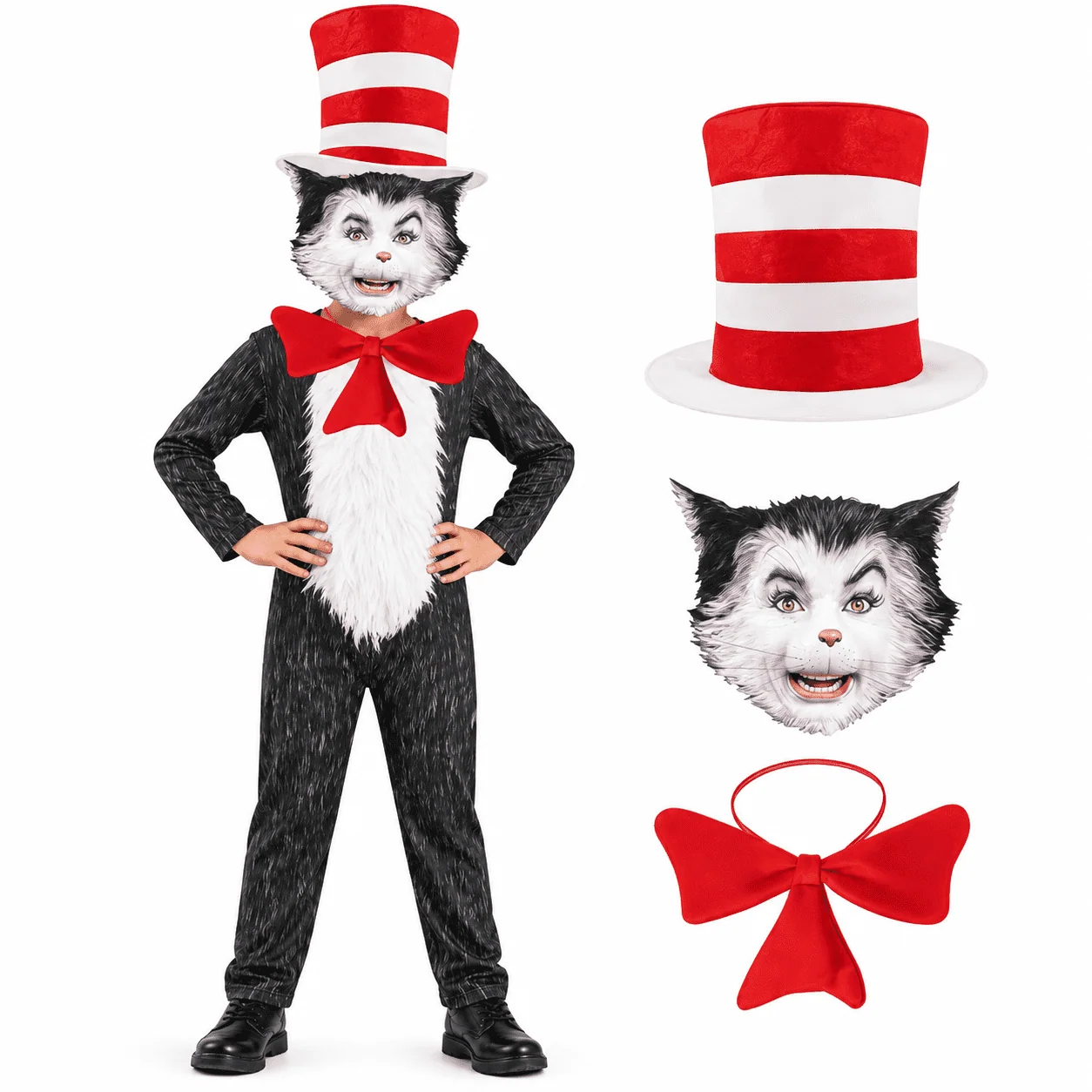 4-Piece Cat Halloween Cosplay Costume for Kids, Scary Cat Jumpsuit Set with Mask, Striped Hat & Bow Tie for Boys & Girls, Ages 11-12 - Image 4 4-Piece Cat Halloween Cosplay Costume for Kids, Scary Cat Jumpsuit Set with Mask, Striped Hat & Bow Tie for Boys & Girls, Ages 11-12 - Image 4