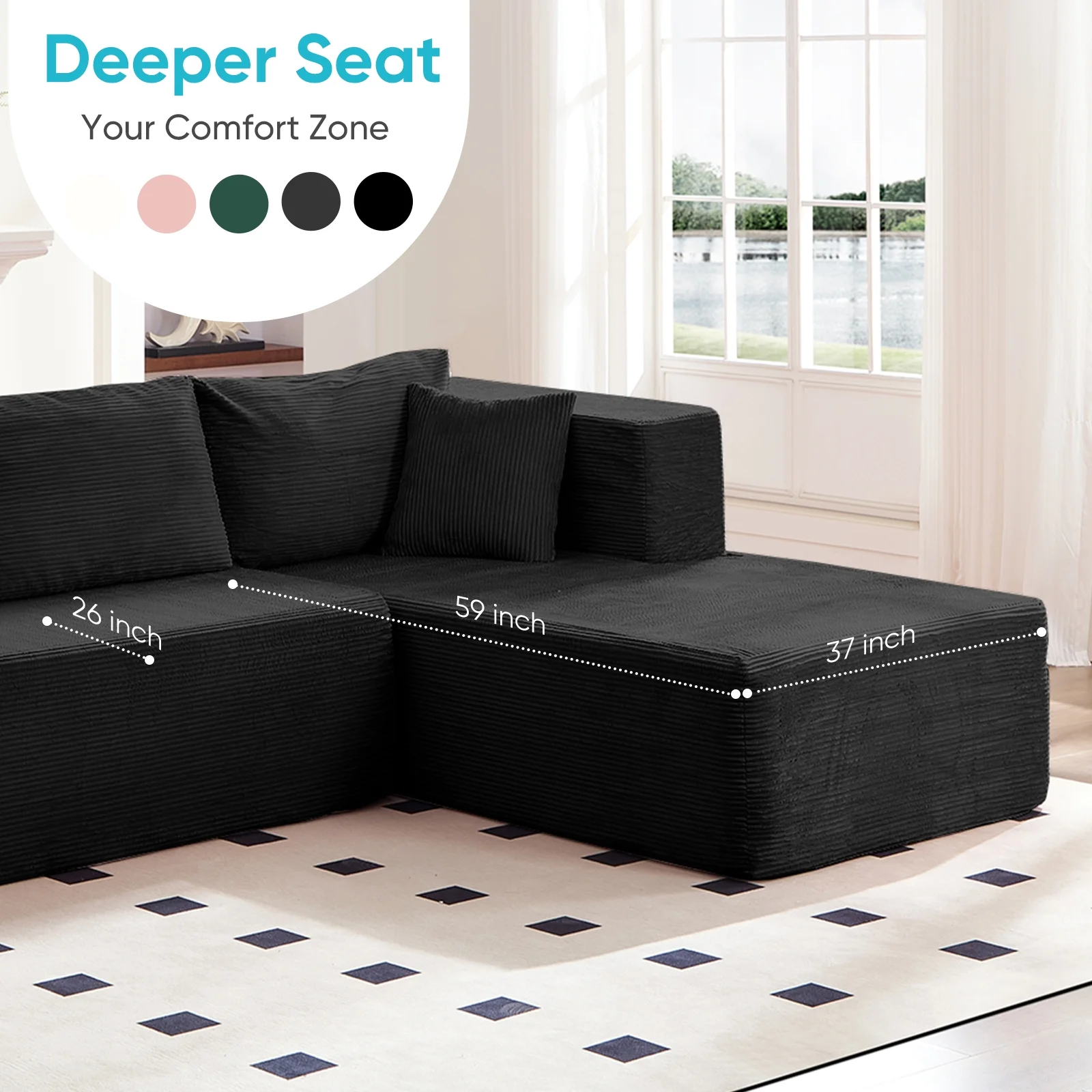 ZAFLY 106" Cloud Sectional Couch with Chaise, No Assembly Required L Shaped Sleeper Sofa, Oversized Deep Seat Modular Couches and Sofas for Living Room - Right, Black - Image 13