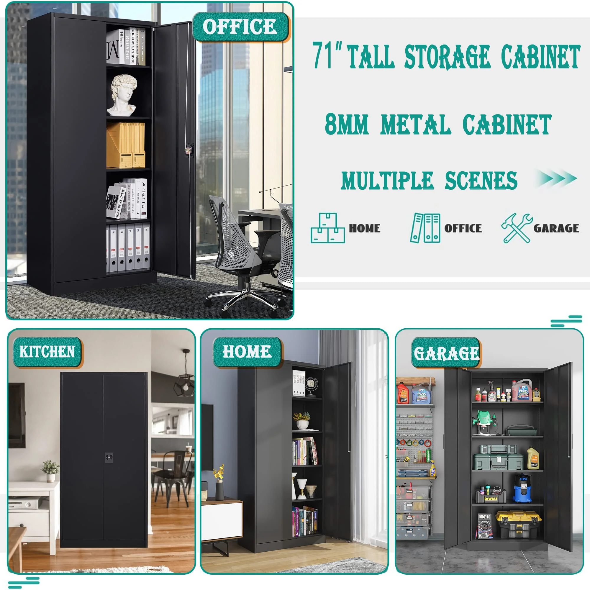 STANI Metal Storage Cabinet with Lock Door, Adjustable Shelf Steel Lockers for Office, Home,Kitchen,Garage Tool Utility Cabinet