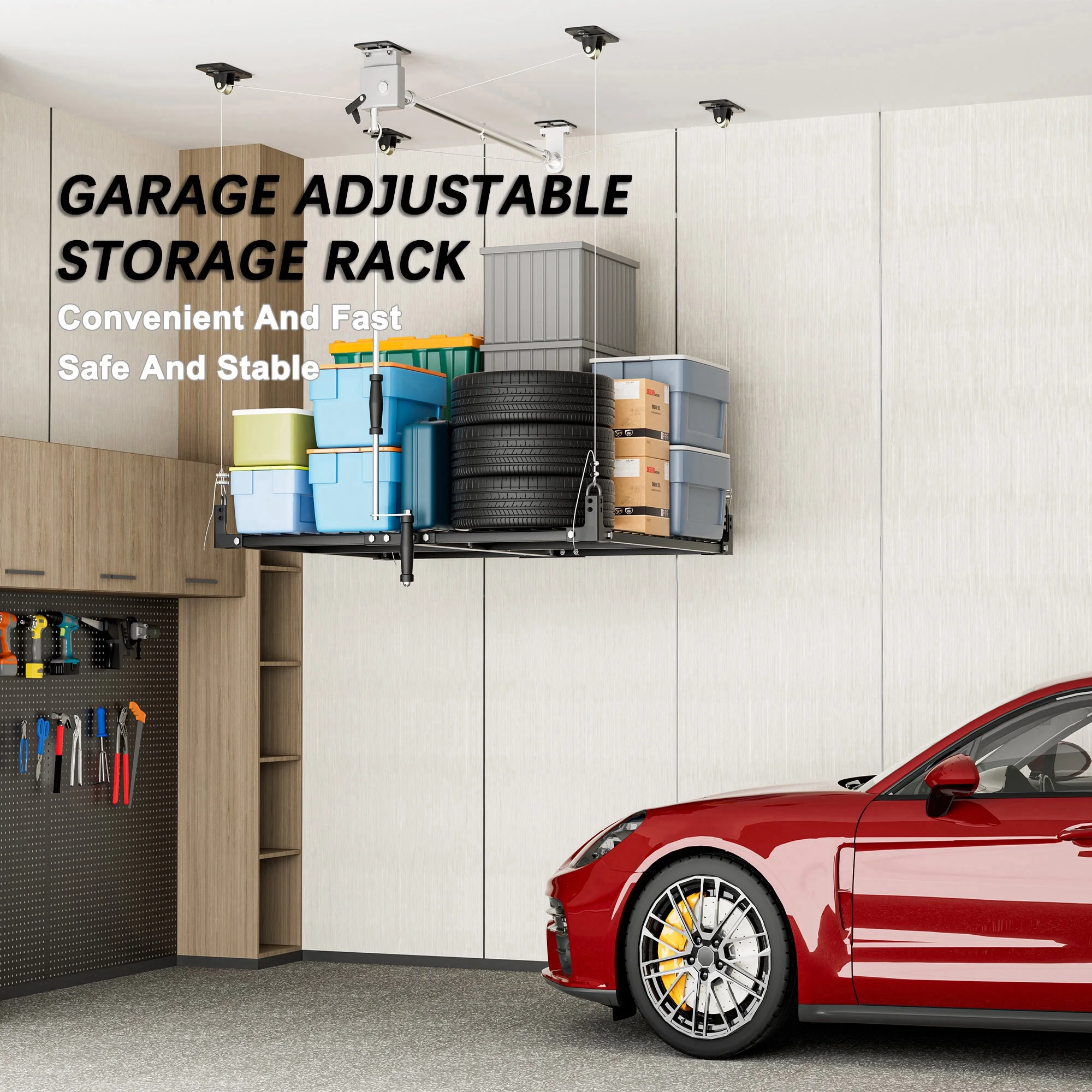 4x4FT Ceiling Storage Racks Lift,Overhead Garage Storage Rack,Adjustable Organization System,Workshops or Basements(Black)