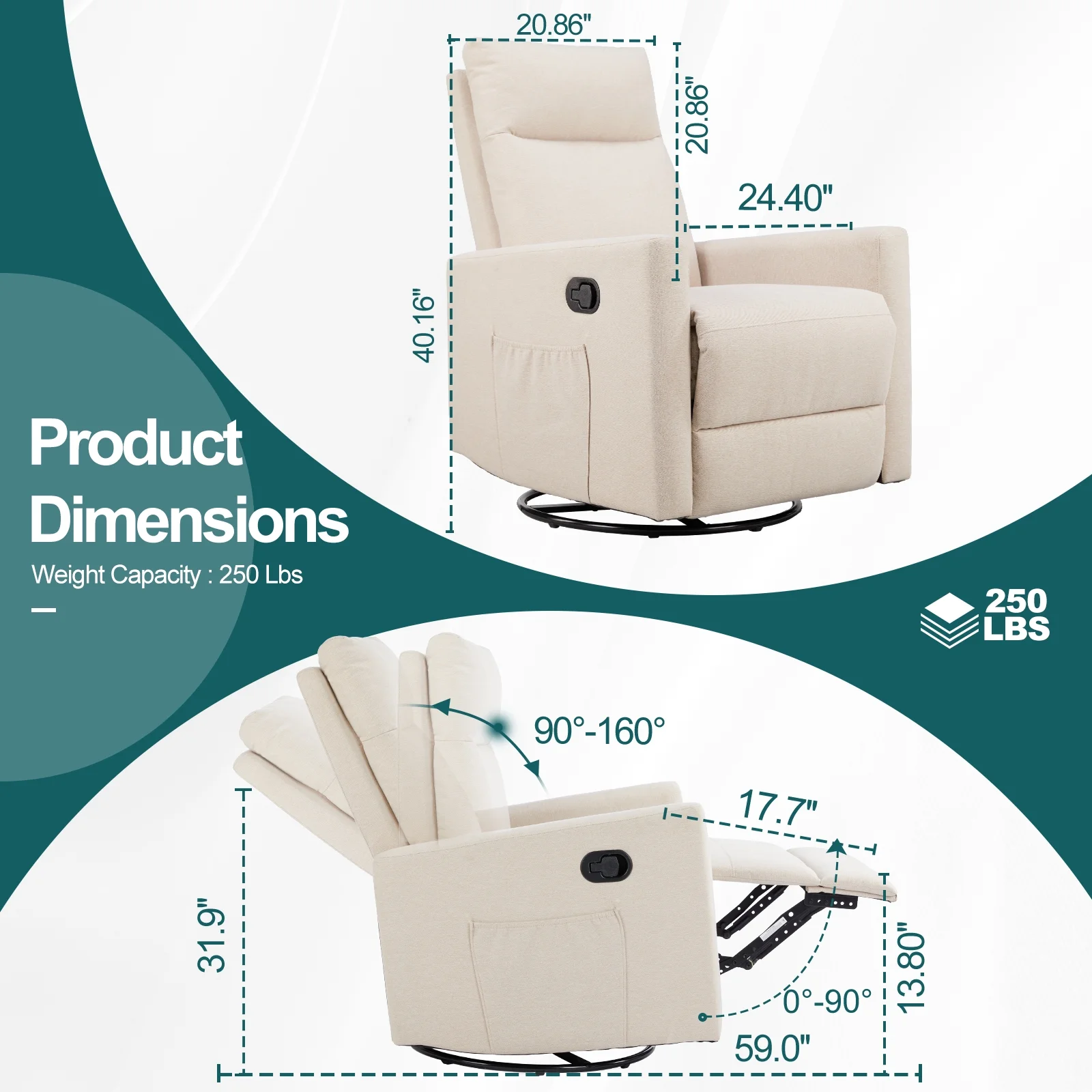 Recliner Message Chair with Footrest, Swivel Rocking Glider, High Back Upholstered Deep Seat for Living Room, Grey - Image 23