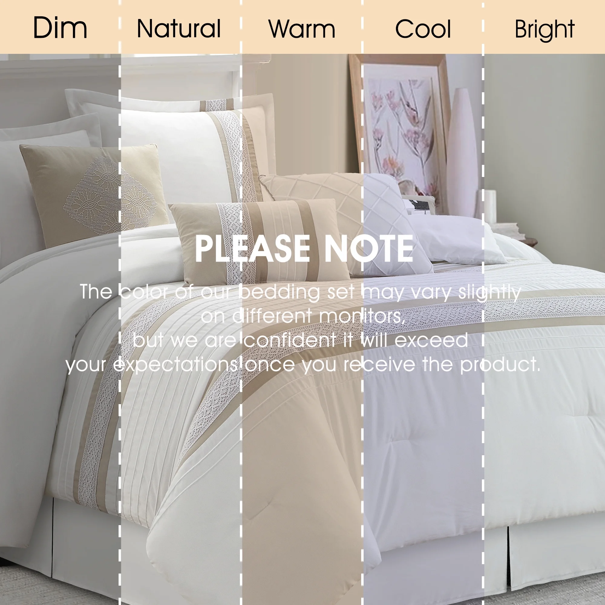Lanco Striped 7 Piece Taupe Comforter Set, King Size Microfiber Bedding, All Season Bedding Set, Bed Skirt, Pillows & Shams
